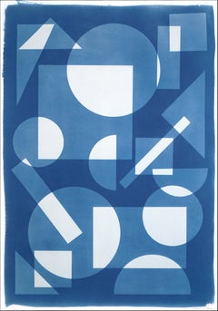 Simple Shapes Floating in Space, White and Blue Geometry Constructivist Monotype