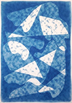 Smoke and Mirrors, Artisan Print, Unique Monotype, Memphis Style in Blue & White