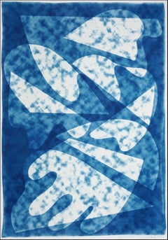 Smoky Jazz Bar, Blue Tones Abstract Shapes, Unique Monotype Cyanotype on Paper