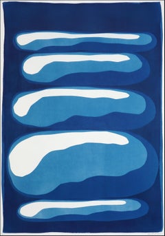 Stacking Stones, Unique Monotype Cyanotype in Indigo Blue, Minimalist Organic