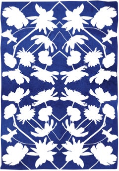Still Life Kaleidoscope Flowers, Blue and White Cyanotype Print on Paper, Modern