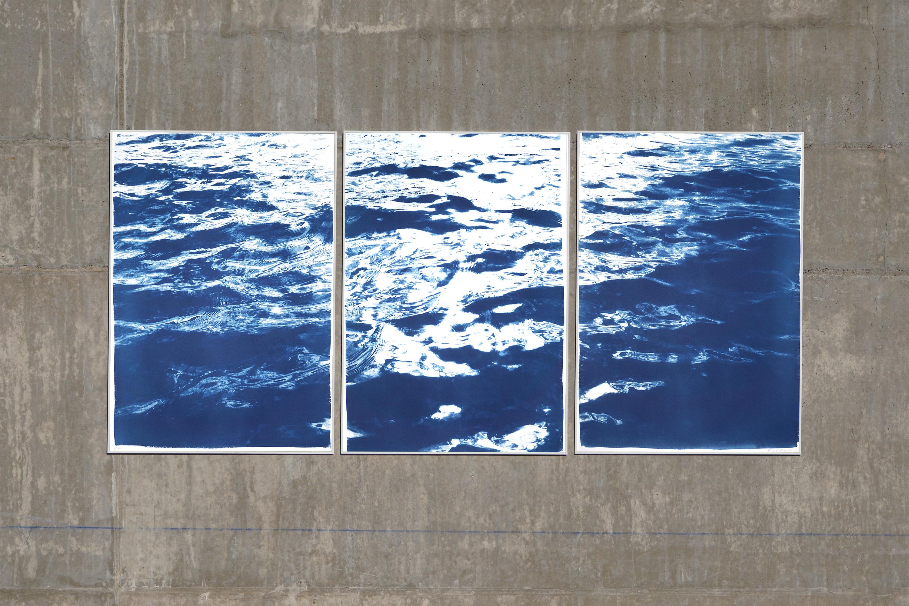 Summer Waters in Cannes, Abstract Nautical Cyanotype in Blue, Seascape Triptych - Photograph by Kind of Cyan