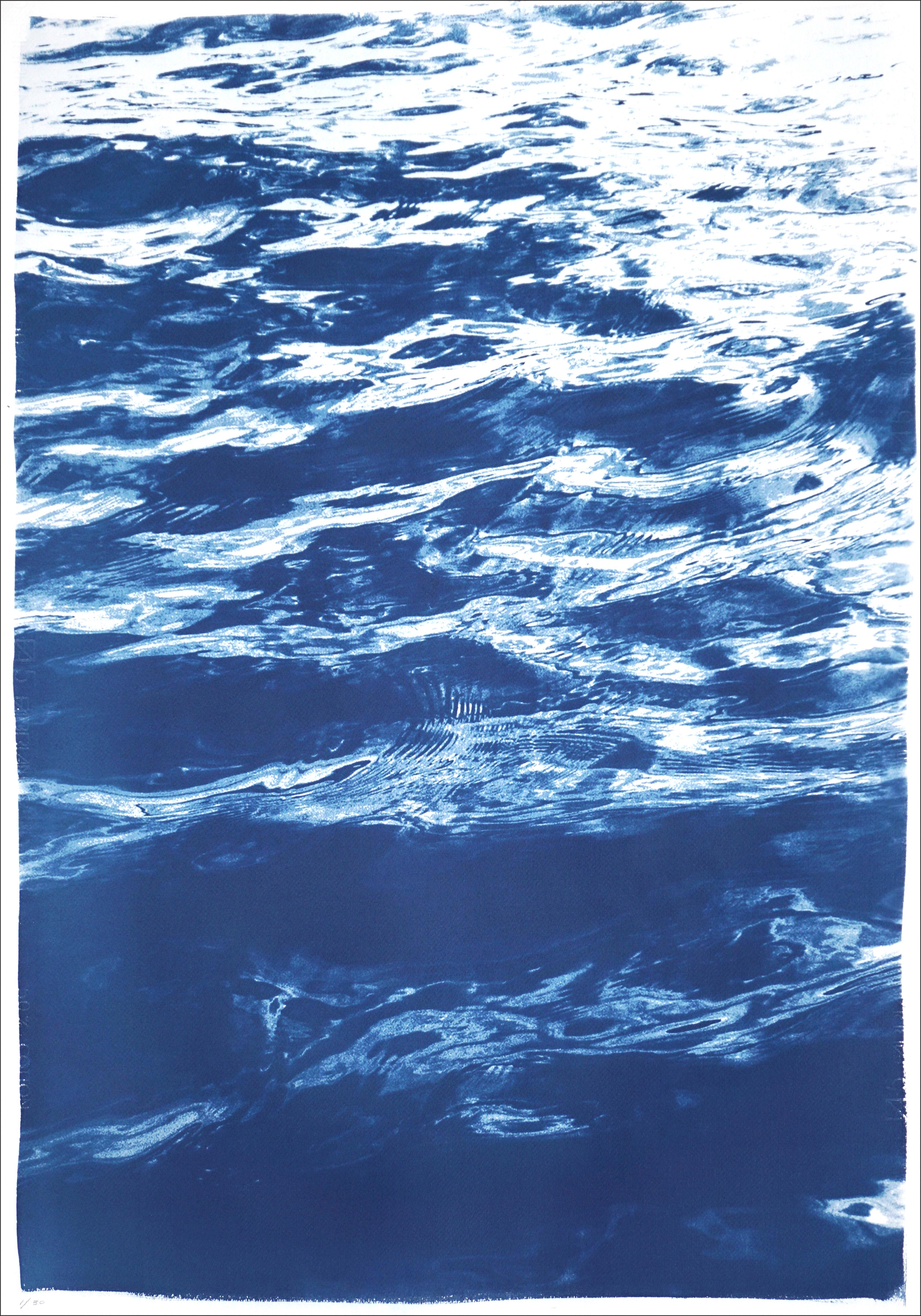 Summer Waters in Cannes, Abstract Nautical Cyanotype in Blue, Seascape Triptych 1