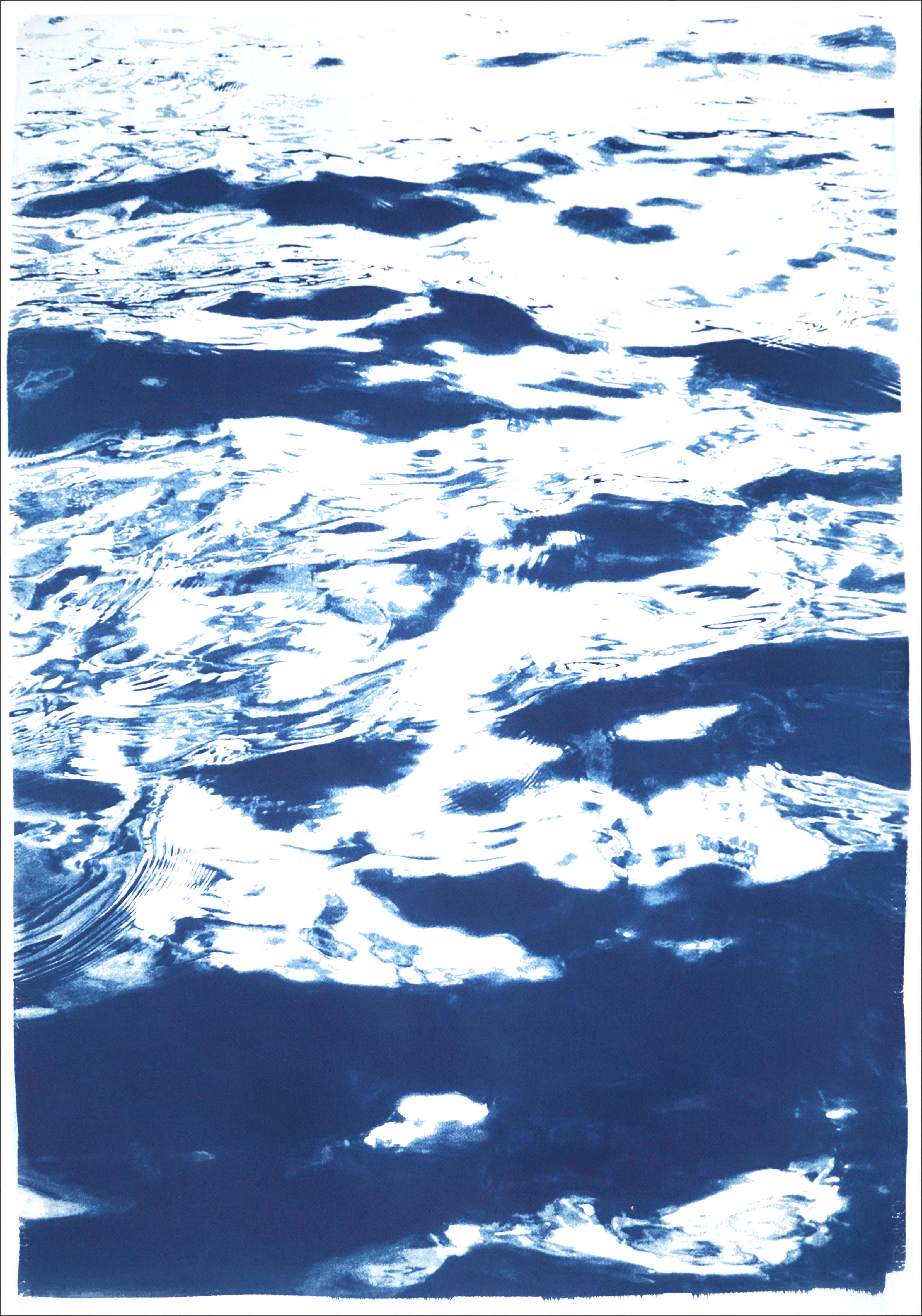 Summer Waters in Cannes, Abstract Nautical Cyanotype in Blue, Seascape Triptych 2
