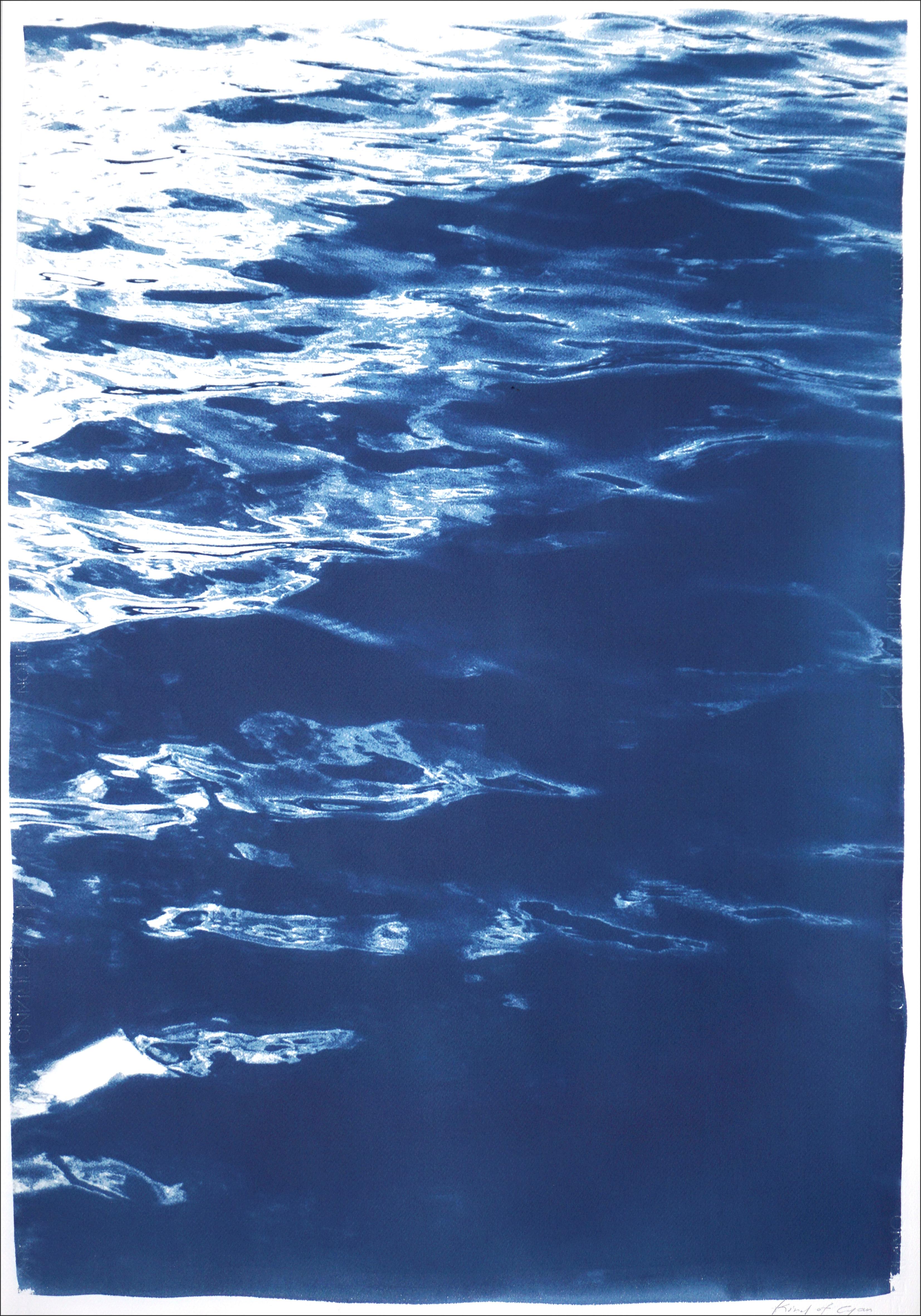 Summer Waters in Cannes, Abstract Nautical Cyanotype in Blue, Seascape Triptych 3