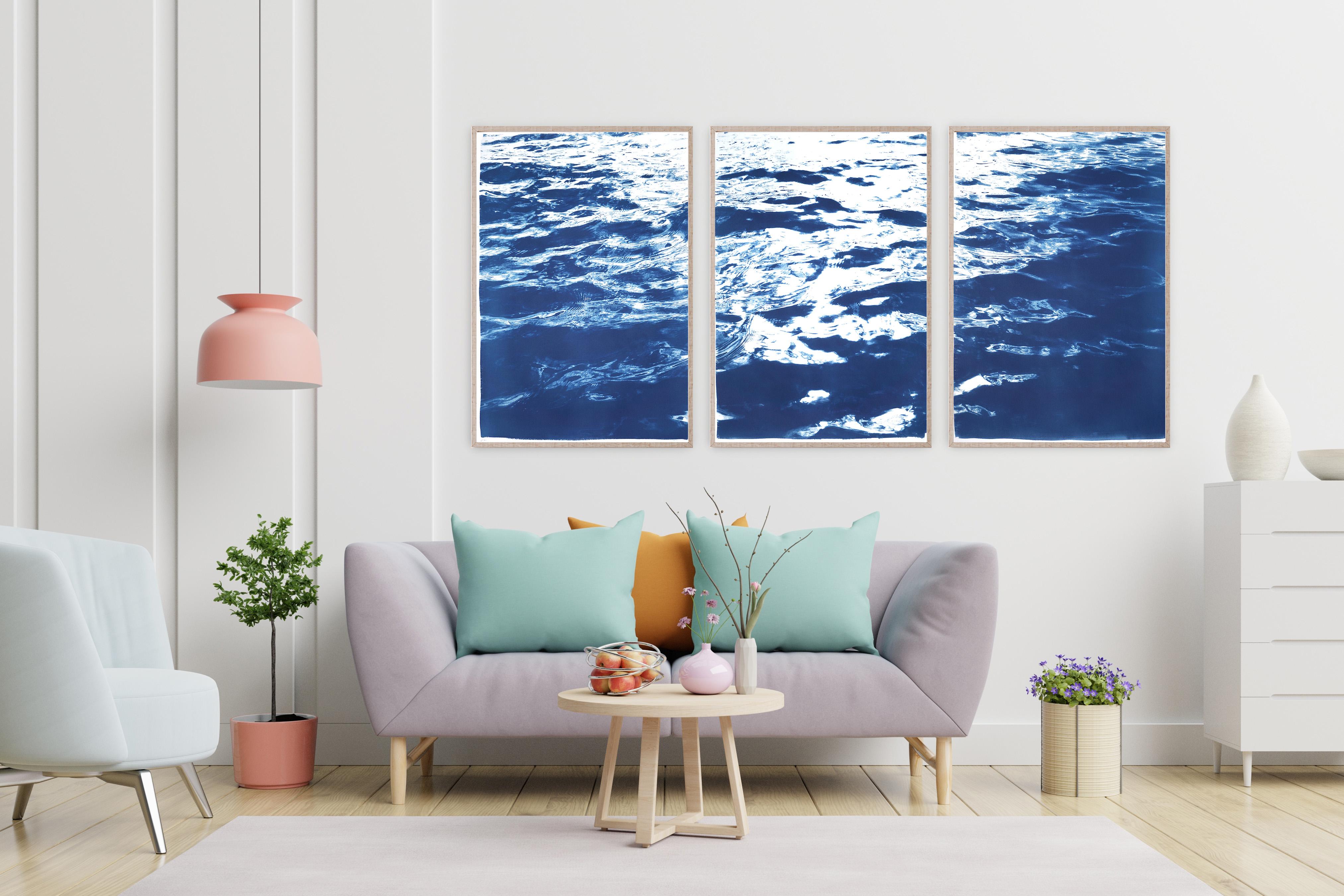 Summer Waters in Cannes, Abstract Nautical Cyanotype in Blue, Seascape Triptych 4