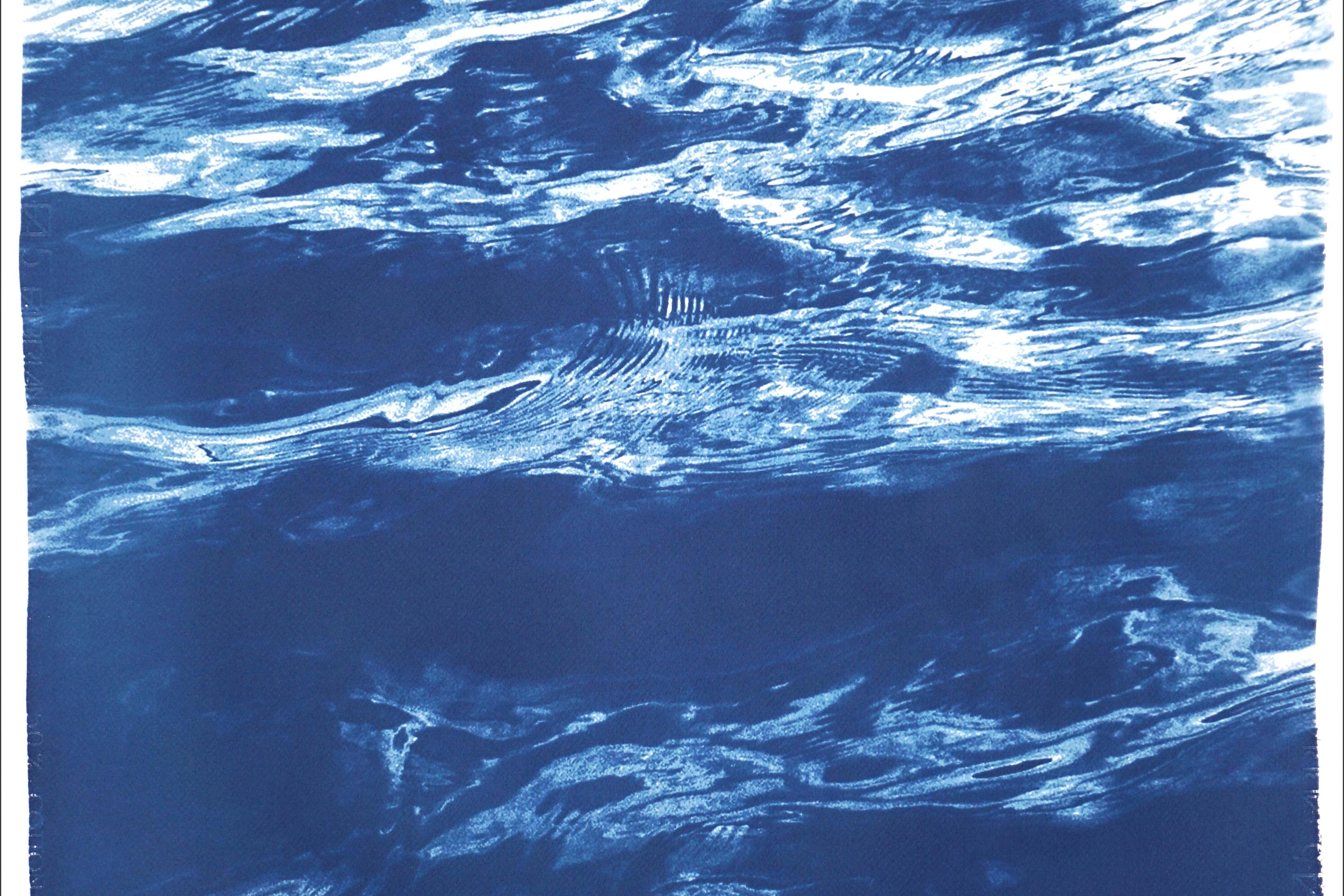 Summer Waters in Cannes, Abstract Nautical Cyanotype in Blue, Seascape Triptych 5