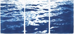 Summer Waters in Cannes, Abstract Nautical Cyanotype in Blue, Seascape Triptych