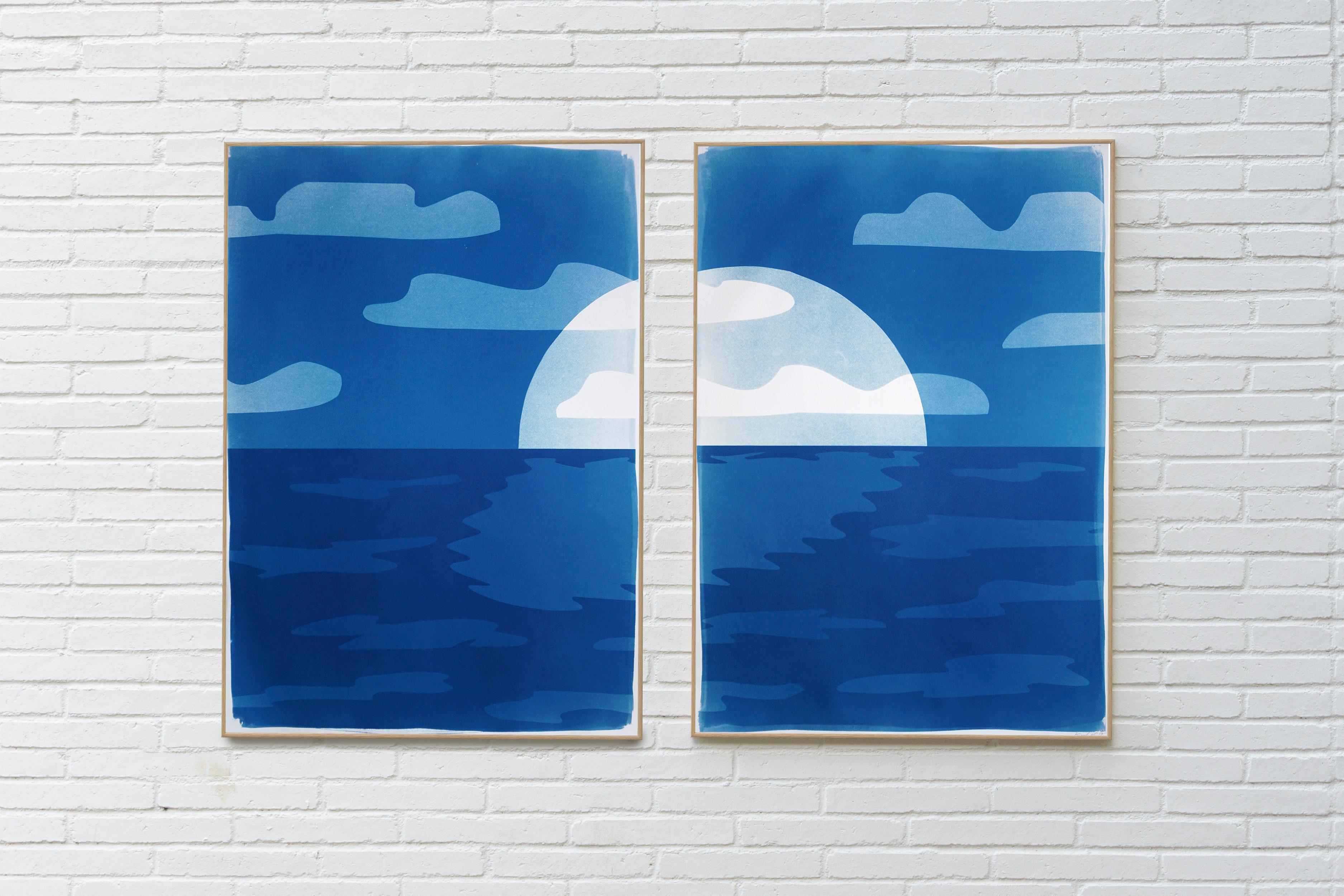 Sunset Over Ocean, Desert Modernism Landscape Diptych, Monotype Cyanotype, Paper - Print by Kind of Cyan