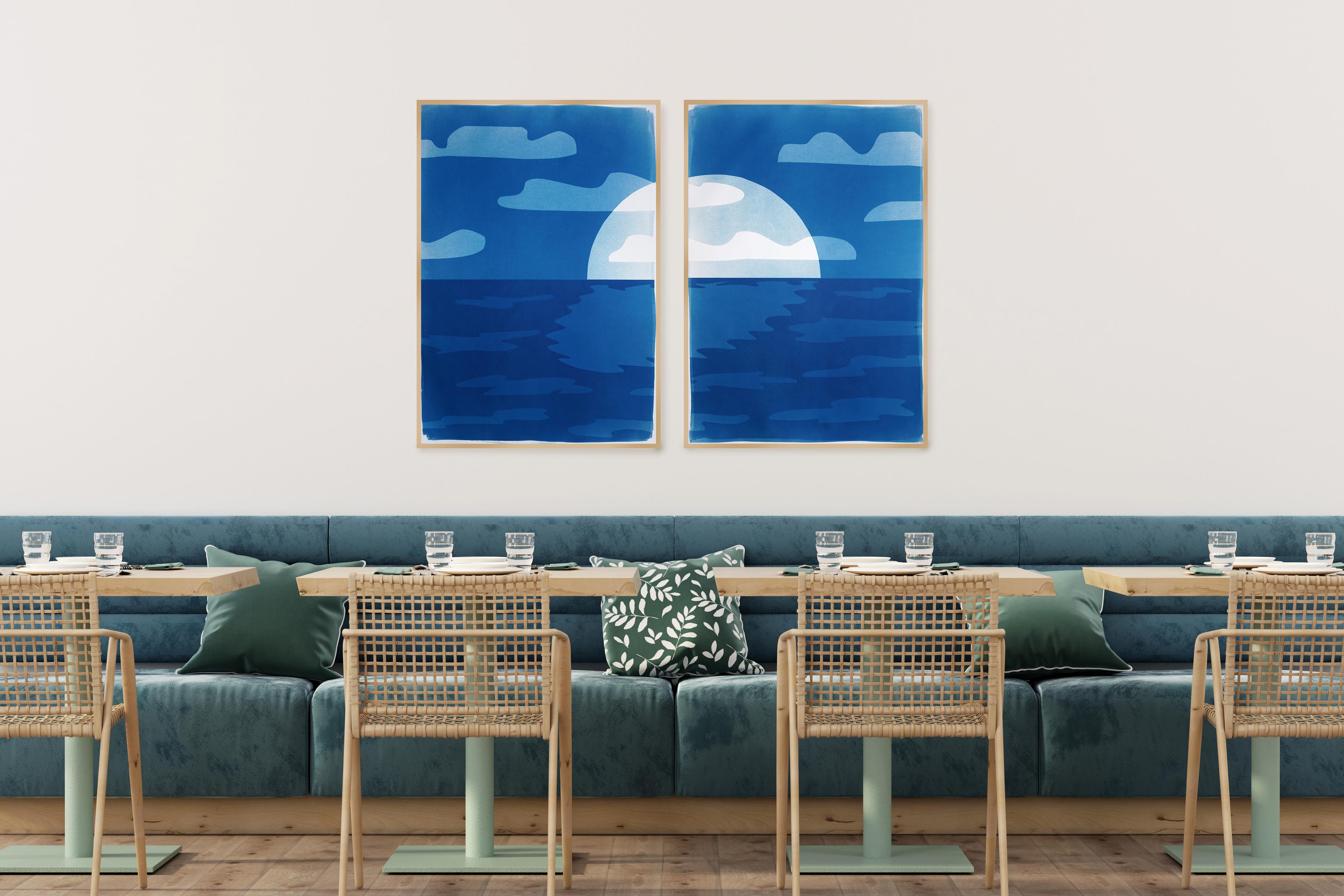 Sunset Over Ocean, Desert Modernism Landscape Diptych, Monotype Cyanotype, Paper - Contemporary Print by Kind of Cyan