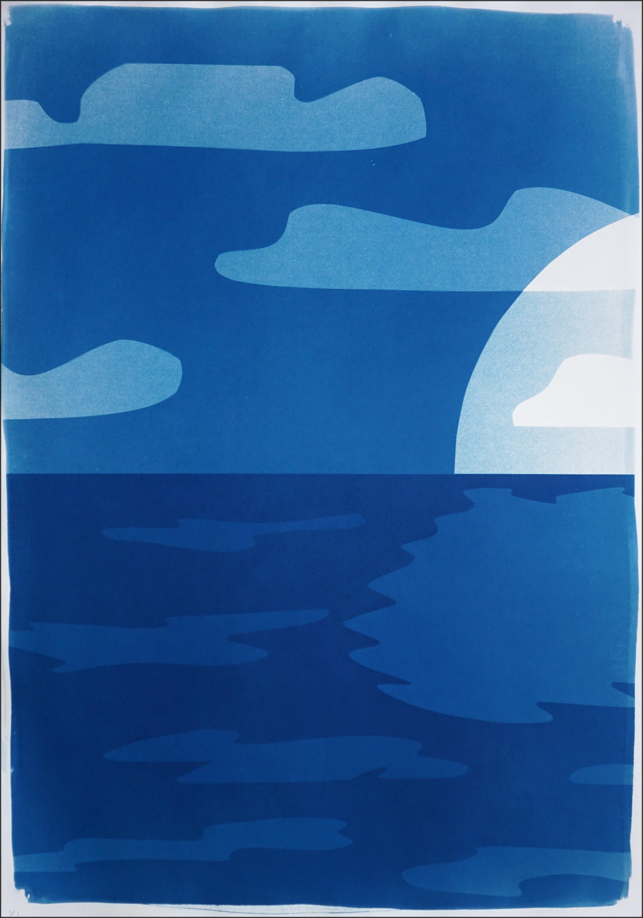 Sunset Over Ocean, Desert Modernism Landscape Diptych, Monotype Cyanotype, Paper - Blue Abstract Print by Kind of Cyan
