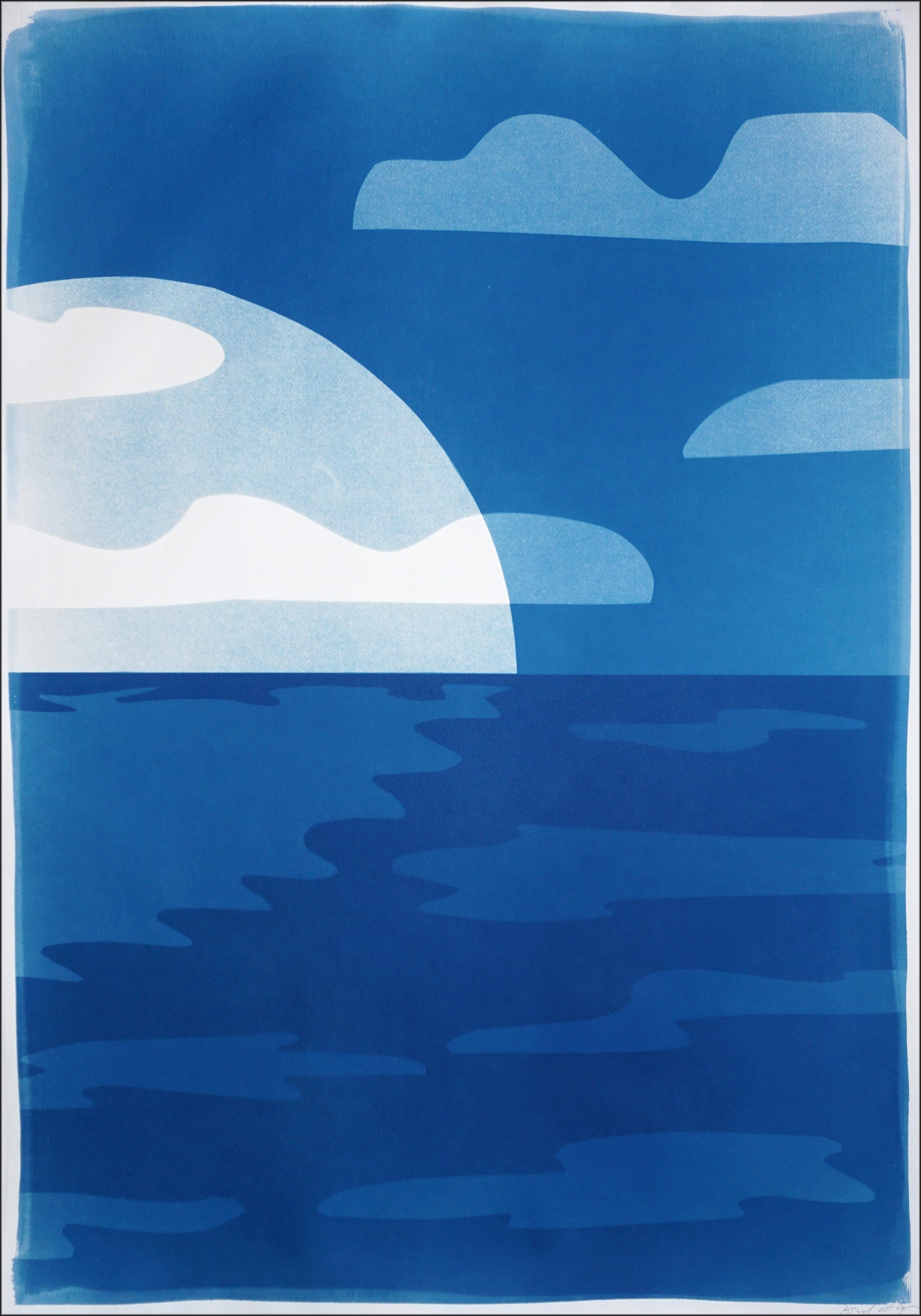 Sunset Over Ocean is a unique cyanotype monotype on watercolor paper, blending the timeless beauty of ocean horizons with the clean, geometric serenity inspired by Desert Modernism. The deep indigos and soft gradients echo architectural clarity,
