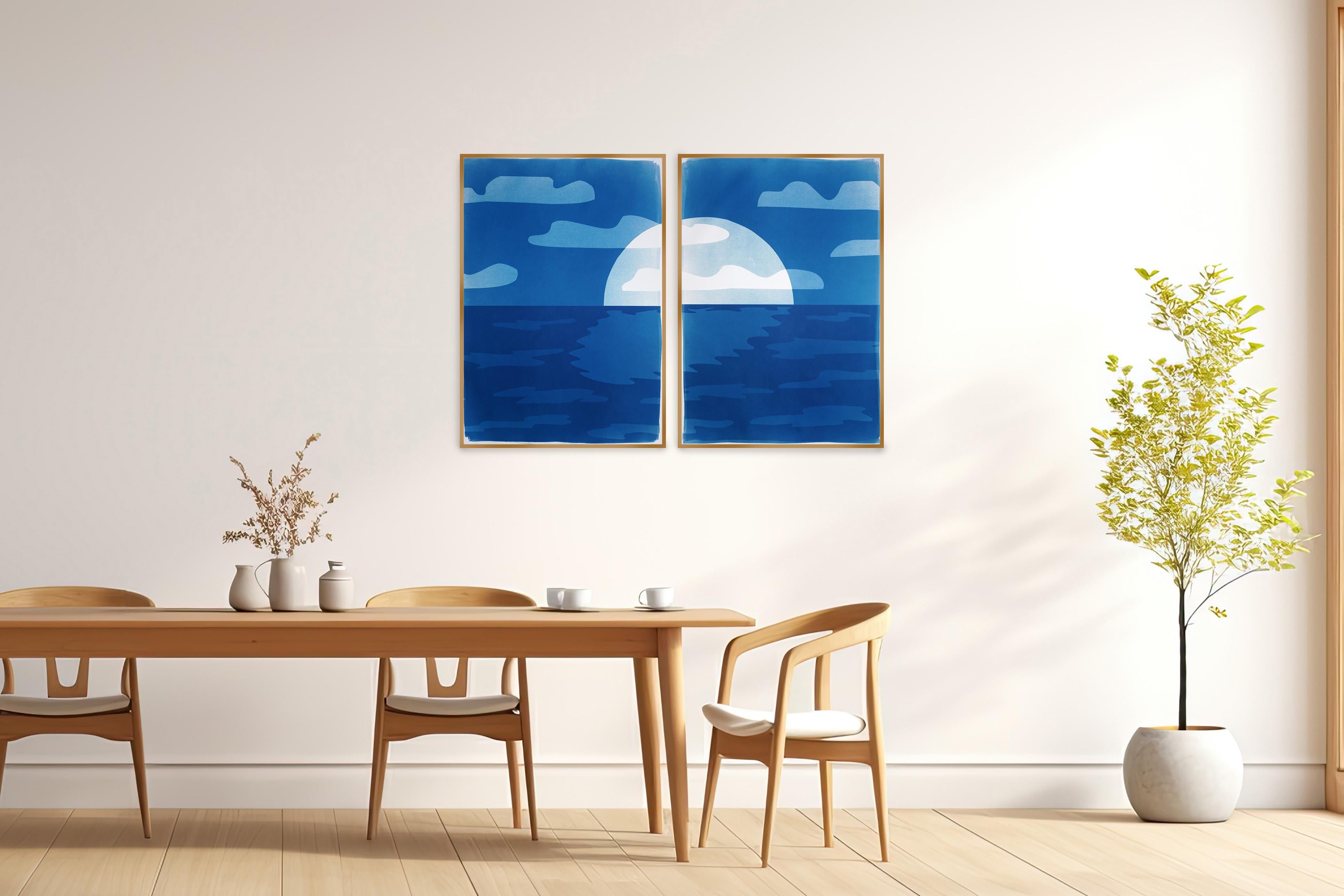 Sunset Over Ocean, Desert Modernism Landscape Diptych, Monotype Cyanotype, Paper For Sale 1