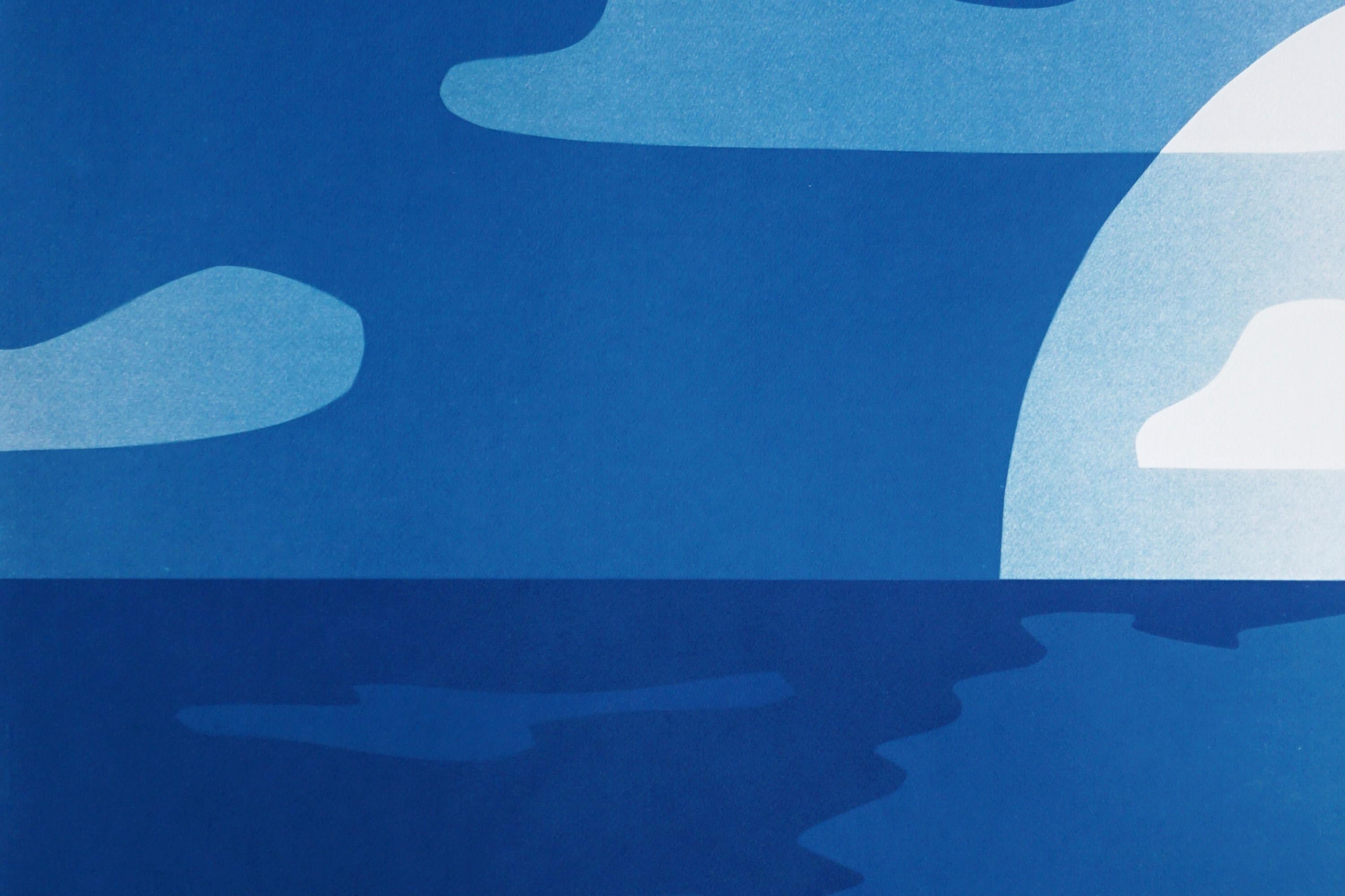 Sunset Over Ocean, Desert Modernism Landscape Diptych, Monotype Cyanotype, Paper For Sale 2