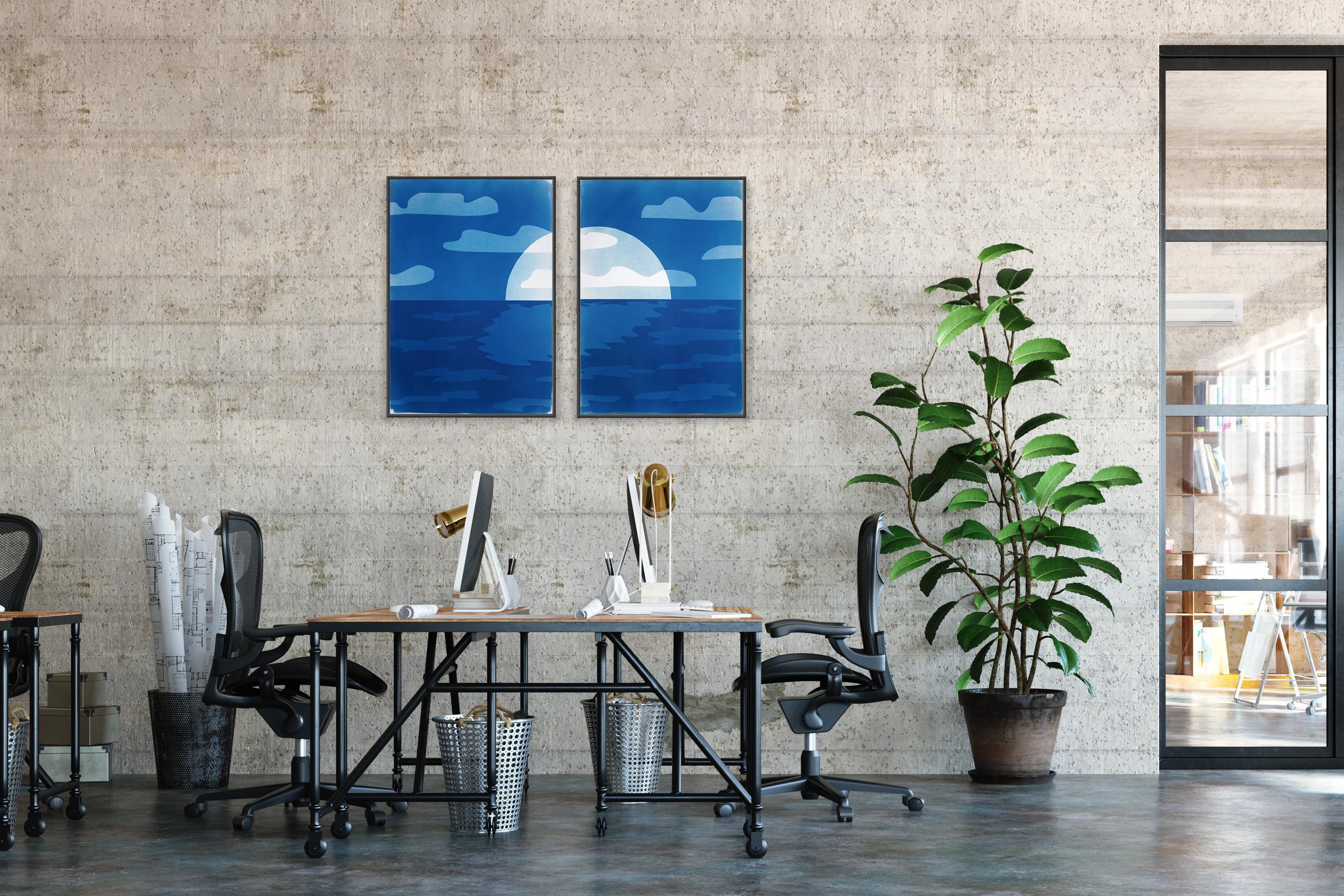 Sunset Over Ocean, Desert Modernism Landscape Diptych, Monotype Cyanotype, Paper For Sale 3