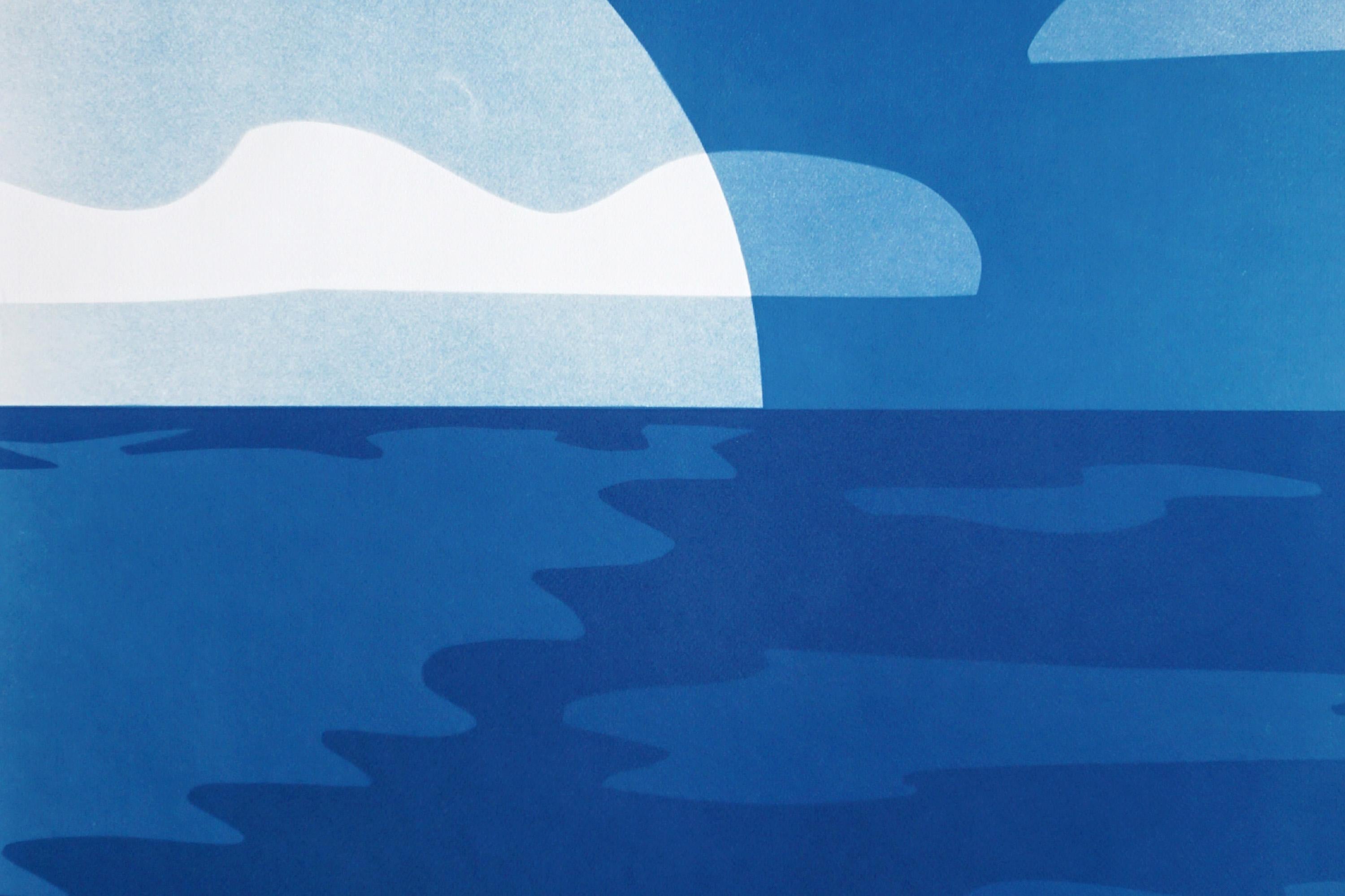 Sunset Over Ocean, Desert Modernism Landscape Diptych, Monotype Cyanotype, Paper For Sale 4