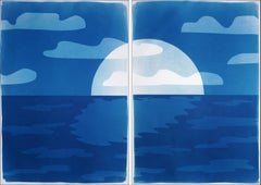 Sunset Over Ocean, Desert Modernism Landscape Diptych, Monotype Cyanotype, Paper