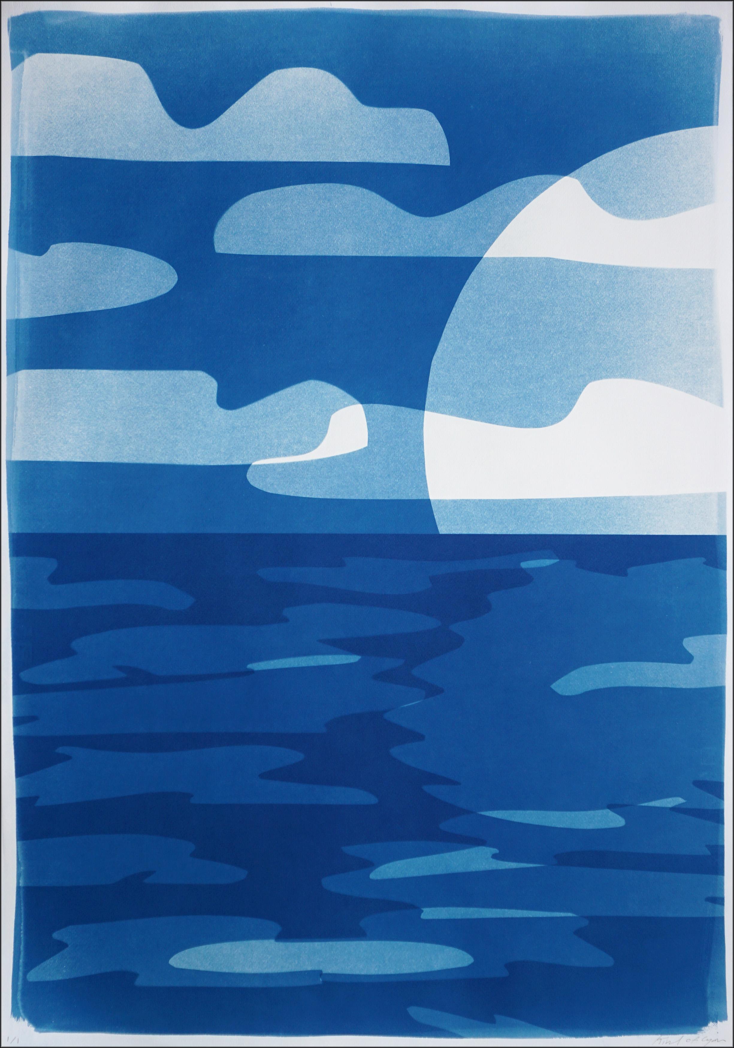 Sunset with Reflection, Blue Tones Unique Monotype Cyanotype, Desert Modernism - Contemporary Photograph by Kind of Cyan