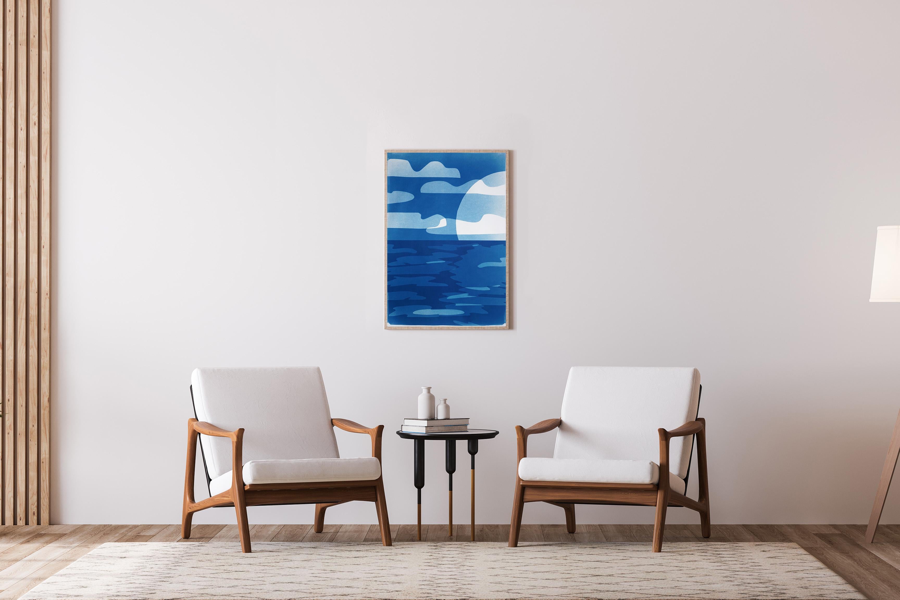 Sunset with Reflection is a unique cyanotype monotype on watercolor paper, blending the timeless beauty of ocean horizos with the clean, geometric serenity inspired by Desert Modernism. The deep indigos and soft gradients echo architectural clarity,