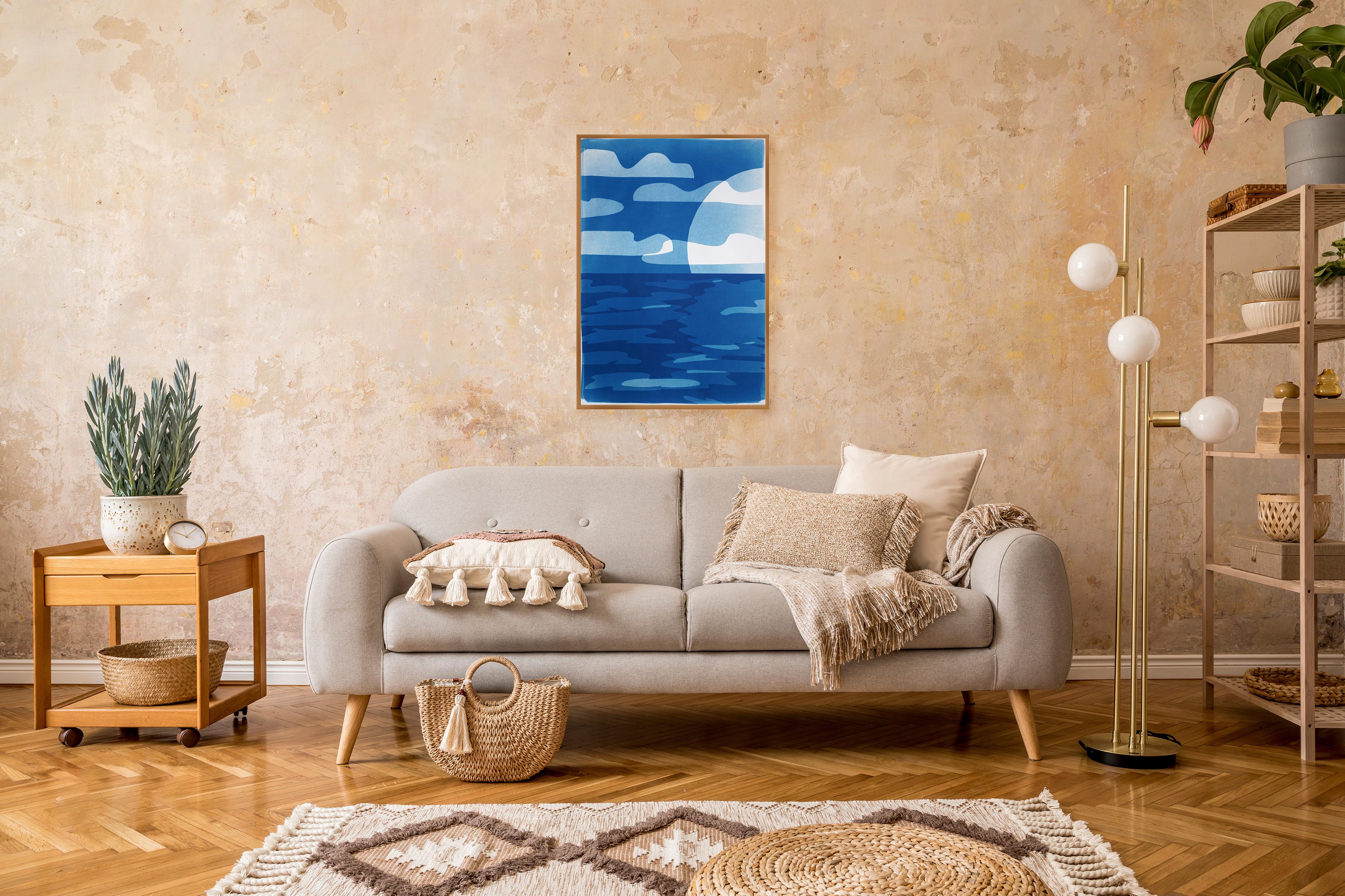 Sunset with Reflection, Blue Tones Unique Monotype Cyanotype, Desert Modernism For Sale 4