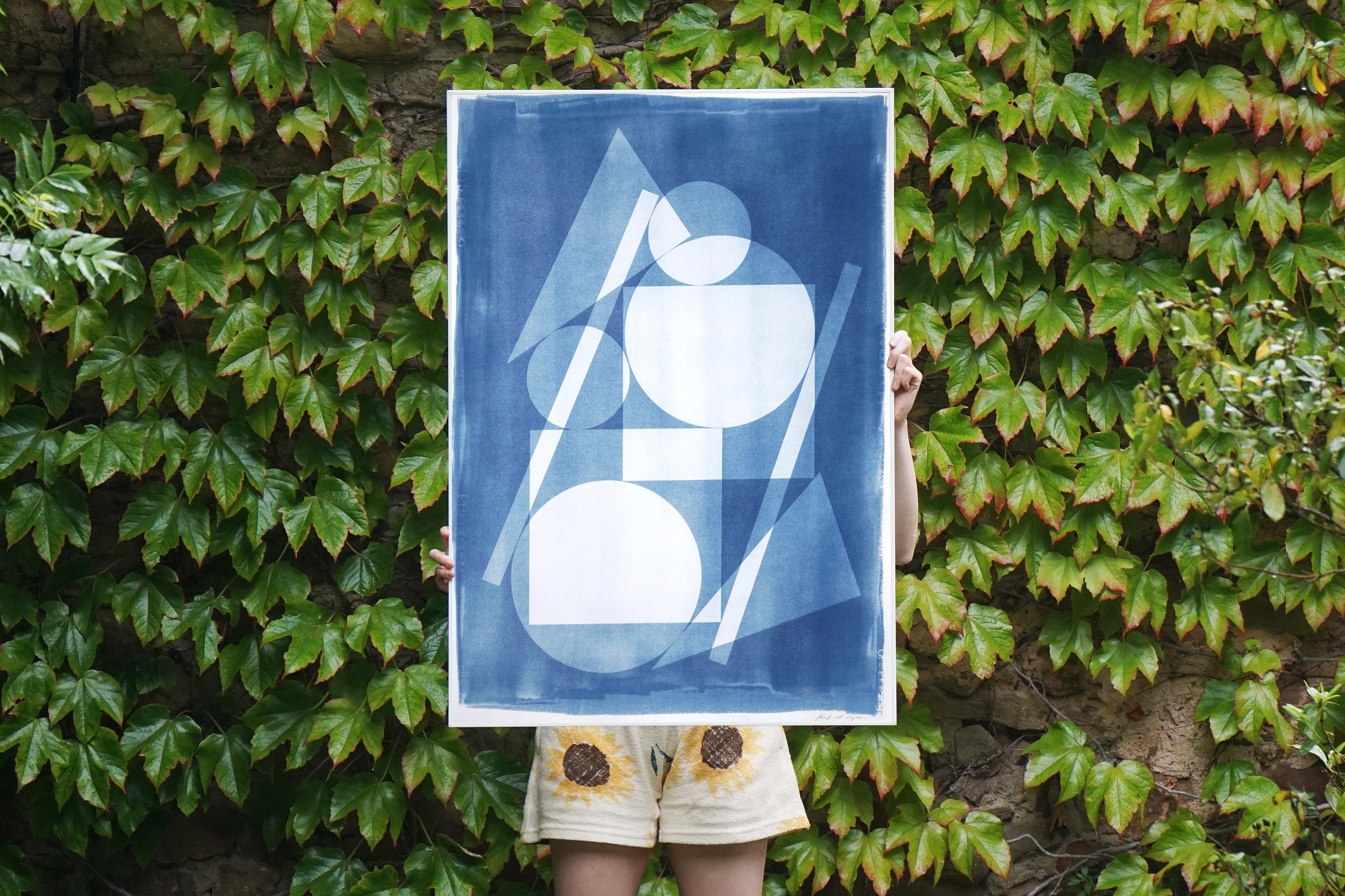 This is an exclusive handprinted unique cyanotype that takes its inspiration from the mid-century modern shapes.
It's made by layering paper cutouts and different exposures using uv-light. 

Details:
+ Title: Suprematist Stack
+ Year: 2022
+ Stamped
