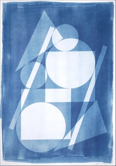 Suprematistischer Stapel, Primärformen-Architektur in Blautönen, Monotypie mit Ausschnitt