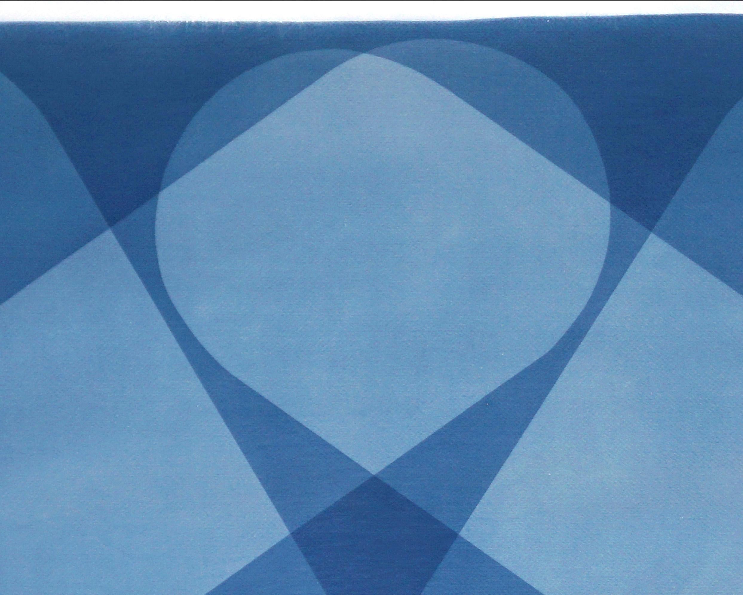 Iconique symétrique, blocs aux tons bleus, bâtiments abstraits, cyanotype unique, papier en vente 2