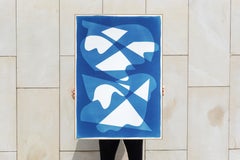 the Glass House, Blue Tones Abstract Shapes, Unique Monotype Cyanotype on Paper