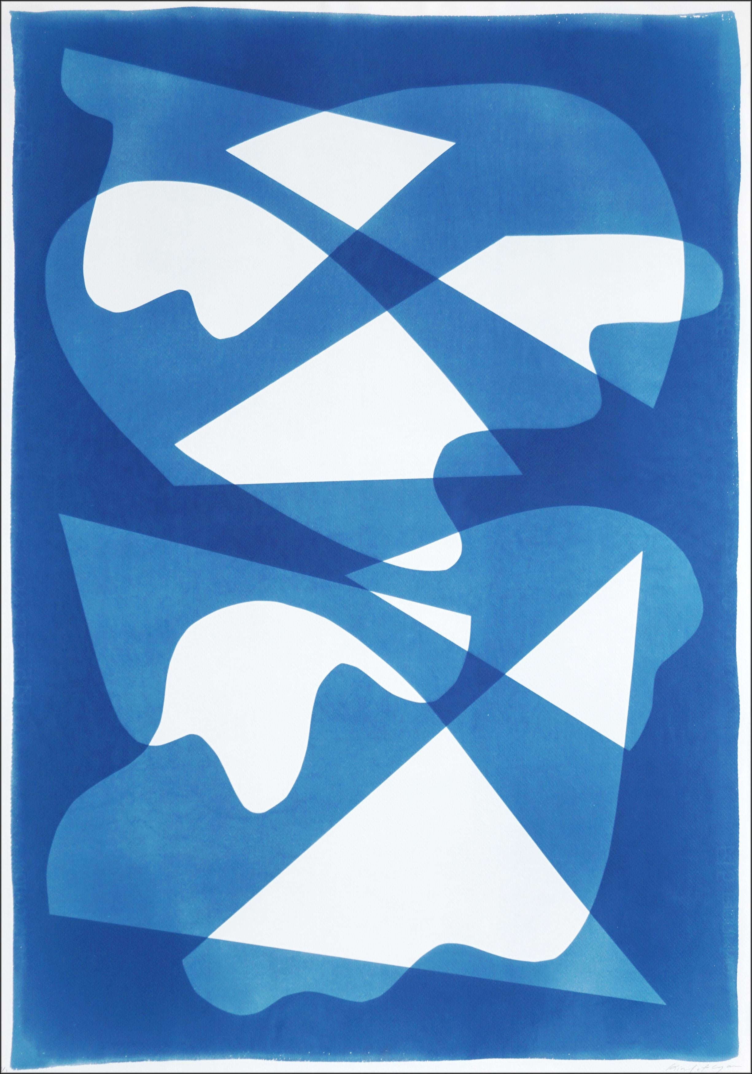 Kind of Cyan Abstract Photograph - the Glass House, Blue Tones Abstract Shapes, Unique Monotype Cyanotype on Paper