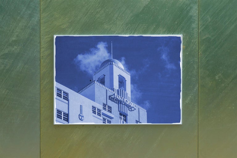 This is an exclusive handprinted limited edition cyanotype. 
This beautiful cyanotype portrays a Modern Art Deco building facade in Miami Beach. 

Details:
+ Title: The National
+ Year: 2022
+ Edition Size: 100
+ Stamped and Certificate of