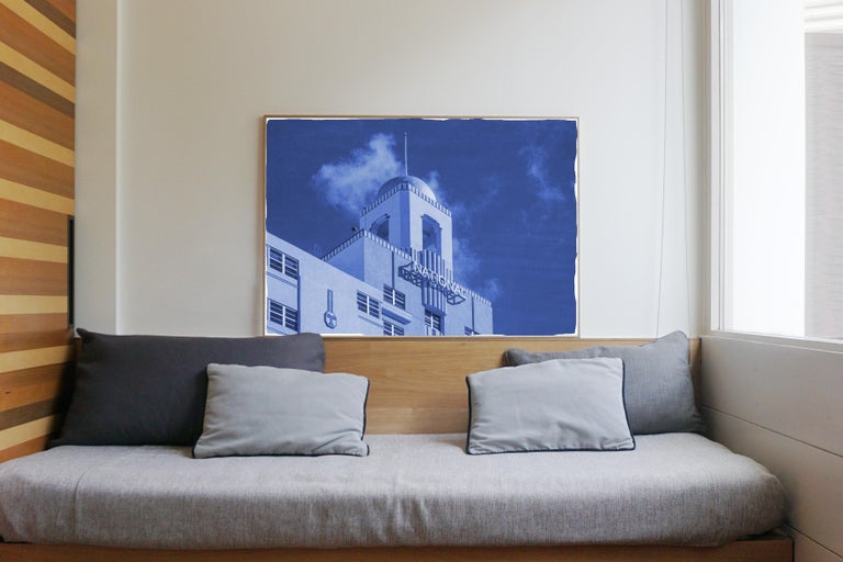 The National, Art Deco Architecture, Miami Buildings in Blue, Handmade Cyanotype For Sale 1
