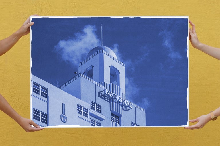 The National, Art Deco Architecture, Miami Buildings in Blue, Handmade Cyanotype For Sale 2