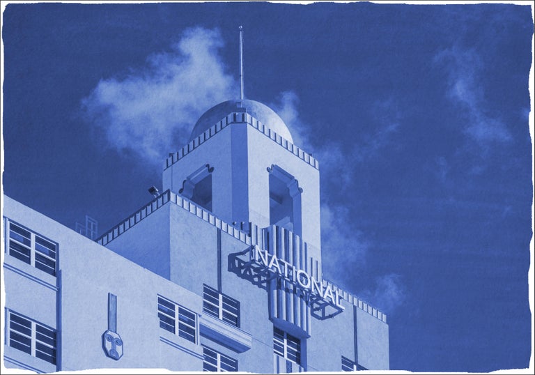 Kind of Cyan Interior Print - The National, Art Deco Architecture, Miami Buildings in Blue, Handmade Cyanotype