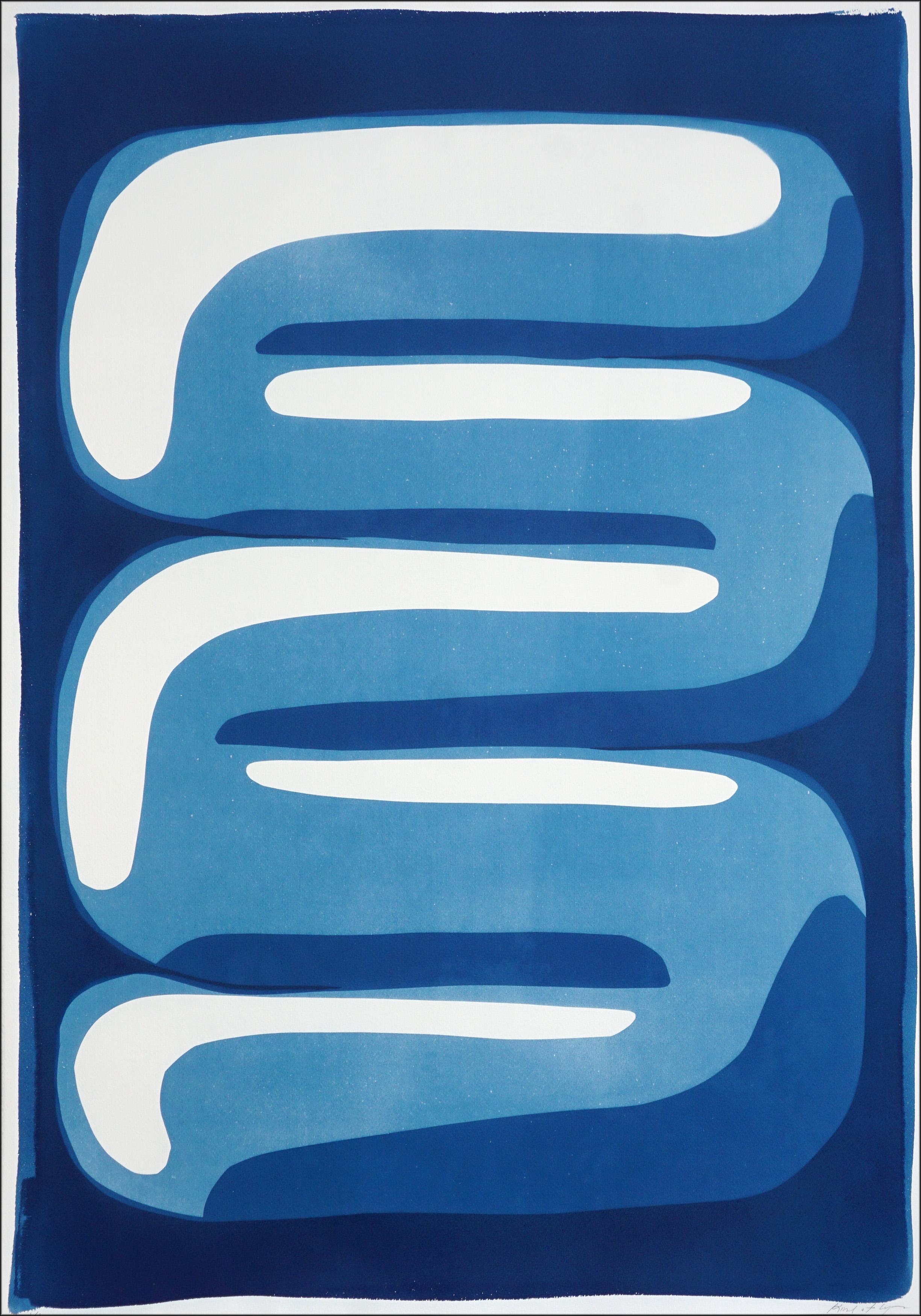 The Snake, Monotype Cyanotype, Blue Tones Serpentine, Geometric Organic on Paper