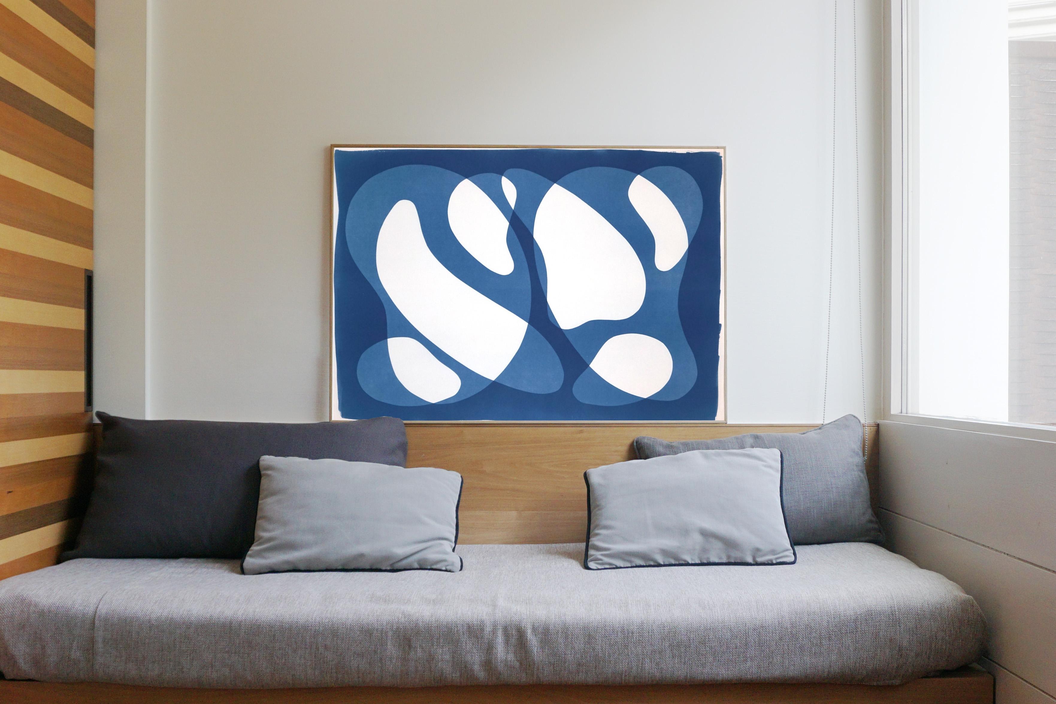 This is an exclusive handprinted unique cyanotype that takes its inspiration from the mid-century modern shapes.
It's made by layering paper cutouts and different exposures using uv-light. 

Details:
+ Title: The Swimmers
+ Year: 2021
+ Stamped and