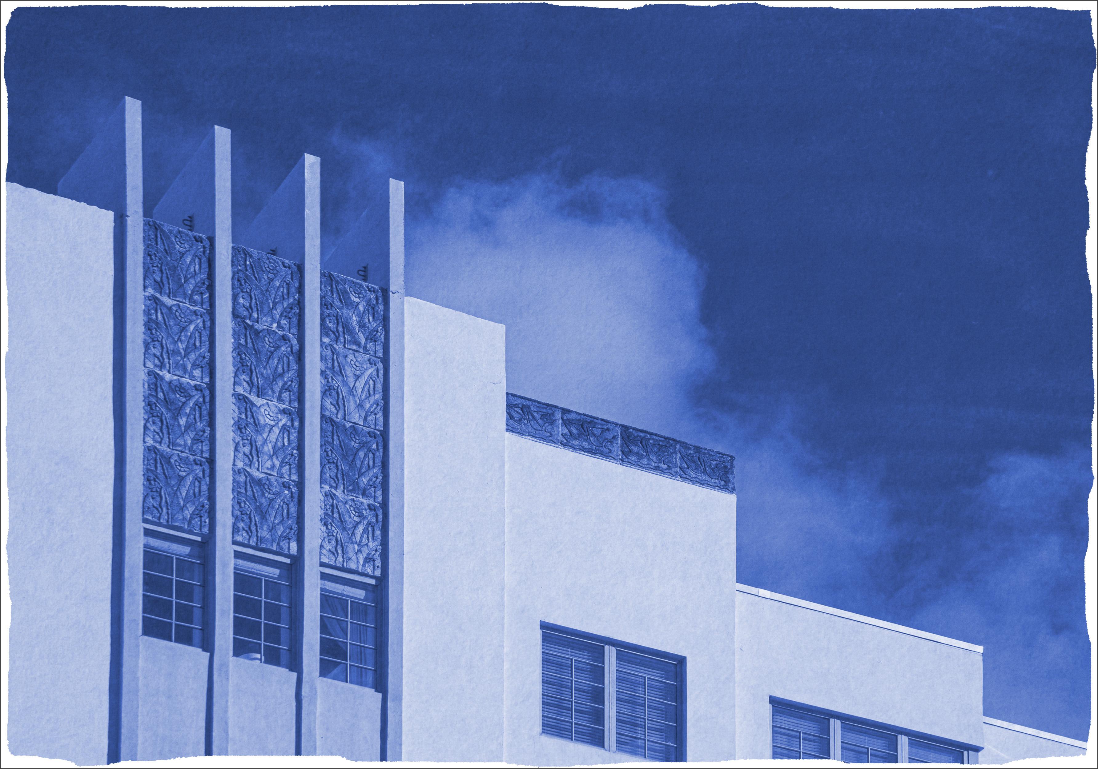 Thirties Building with Sky, Handmade Cyanotype Print in Blue Tones, Miami Style