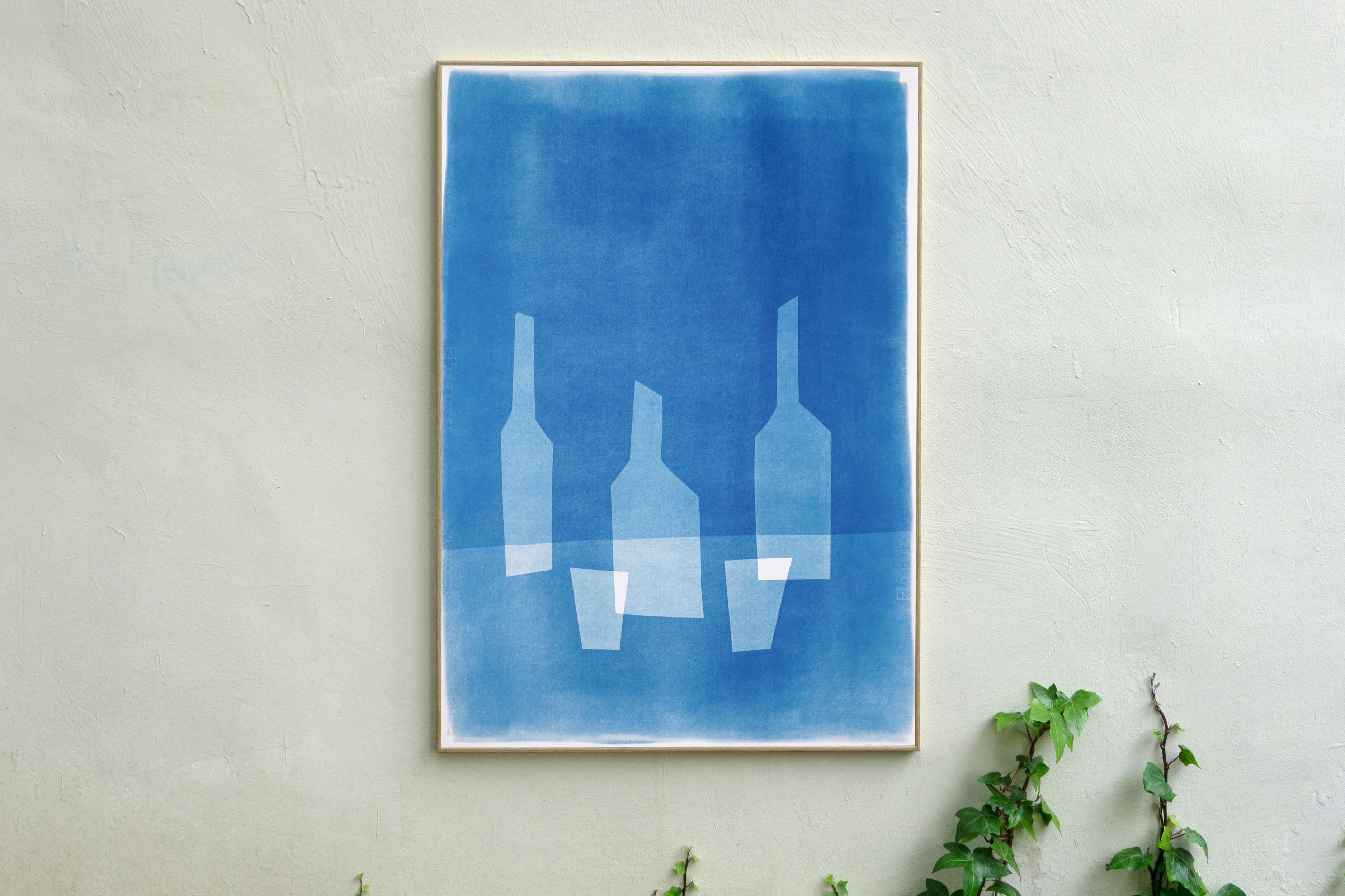 Tree Bottles for Two People, Blue Tones, Modern Monotype, Vertical Still Life - Print by Kind of Cyan