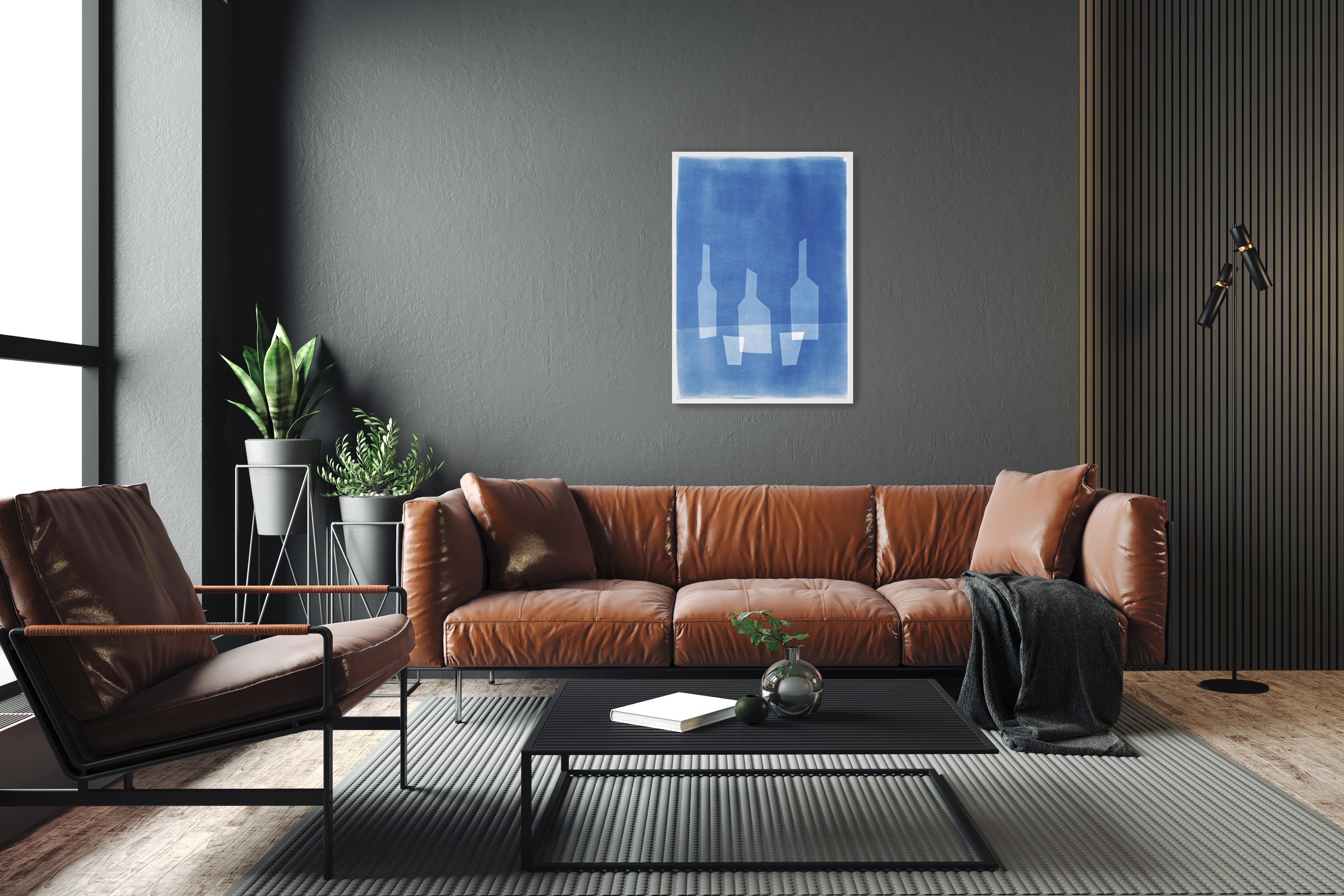 Tree Bottles for Two People, Blue Tones, Modern Monotype, Vertical Still Life - Contemporary Print by Kind of Cyan