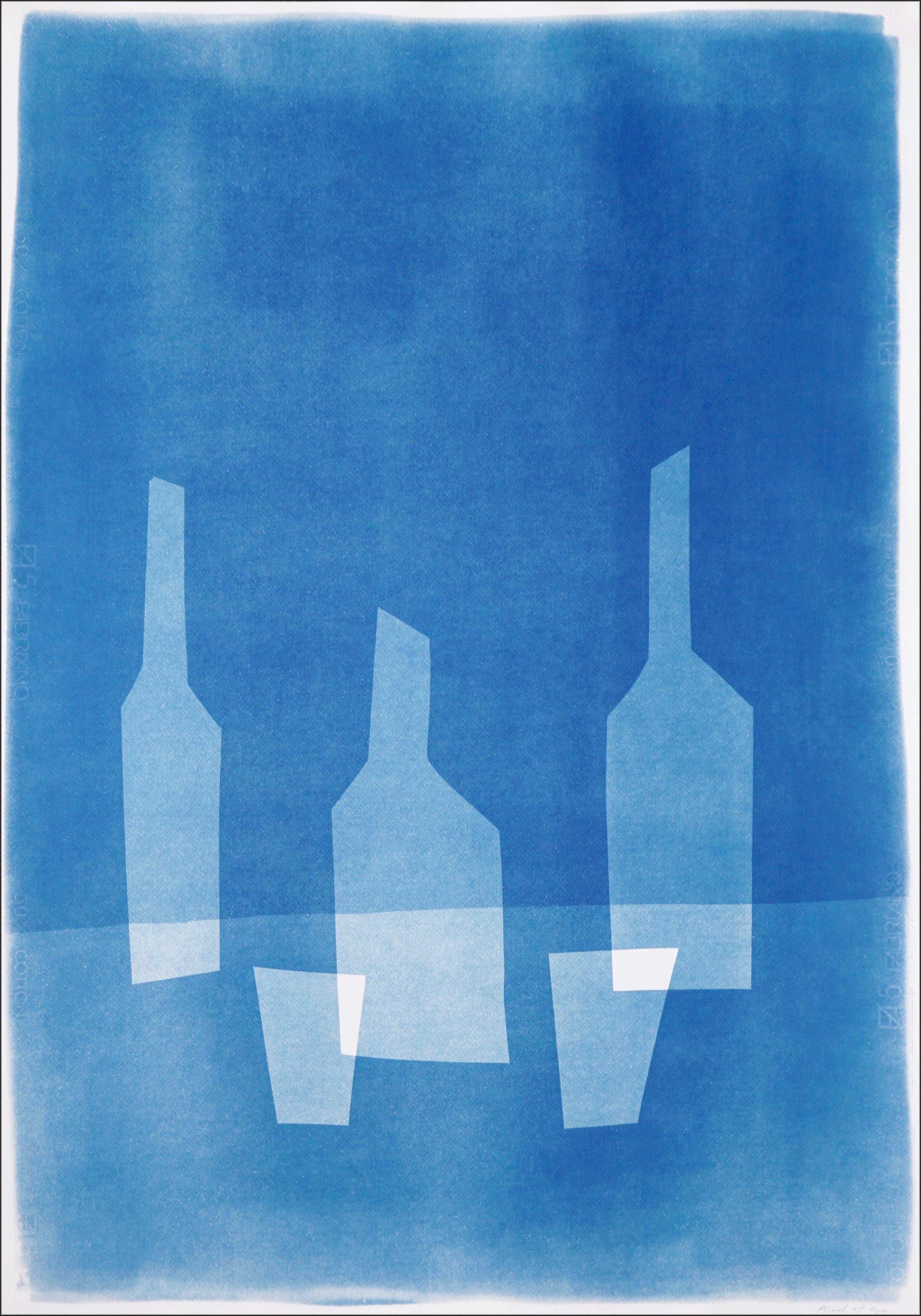 Kind of Cyan Still-Life Print - Tree Bottles for Two People, Blue Tones, Modern Monotype, Vertical Still Life