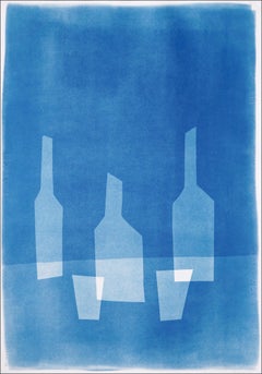 Tree Bottles for Two People, Blue Tones, Modern Monotype, Vertical Still Life