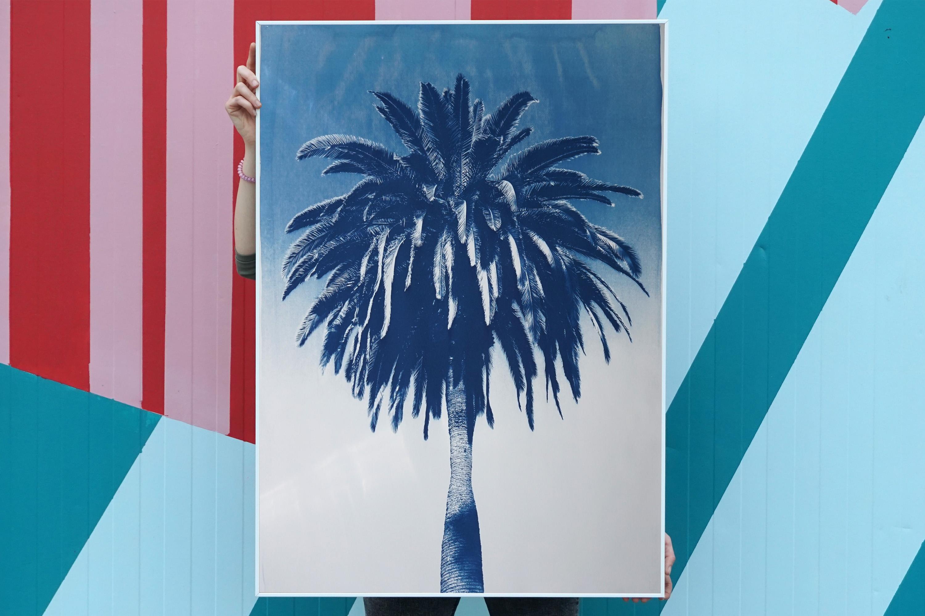 Cyanotype botanique tropical, palmier Majorelle de Marrakesh, arbre bleu, nature morte  - Photoréalisme Photograph par Kind of Cyan