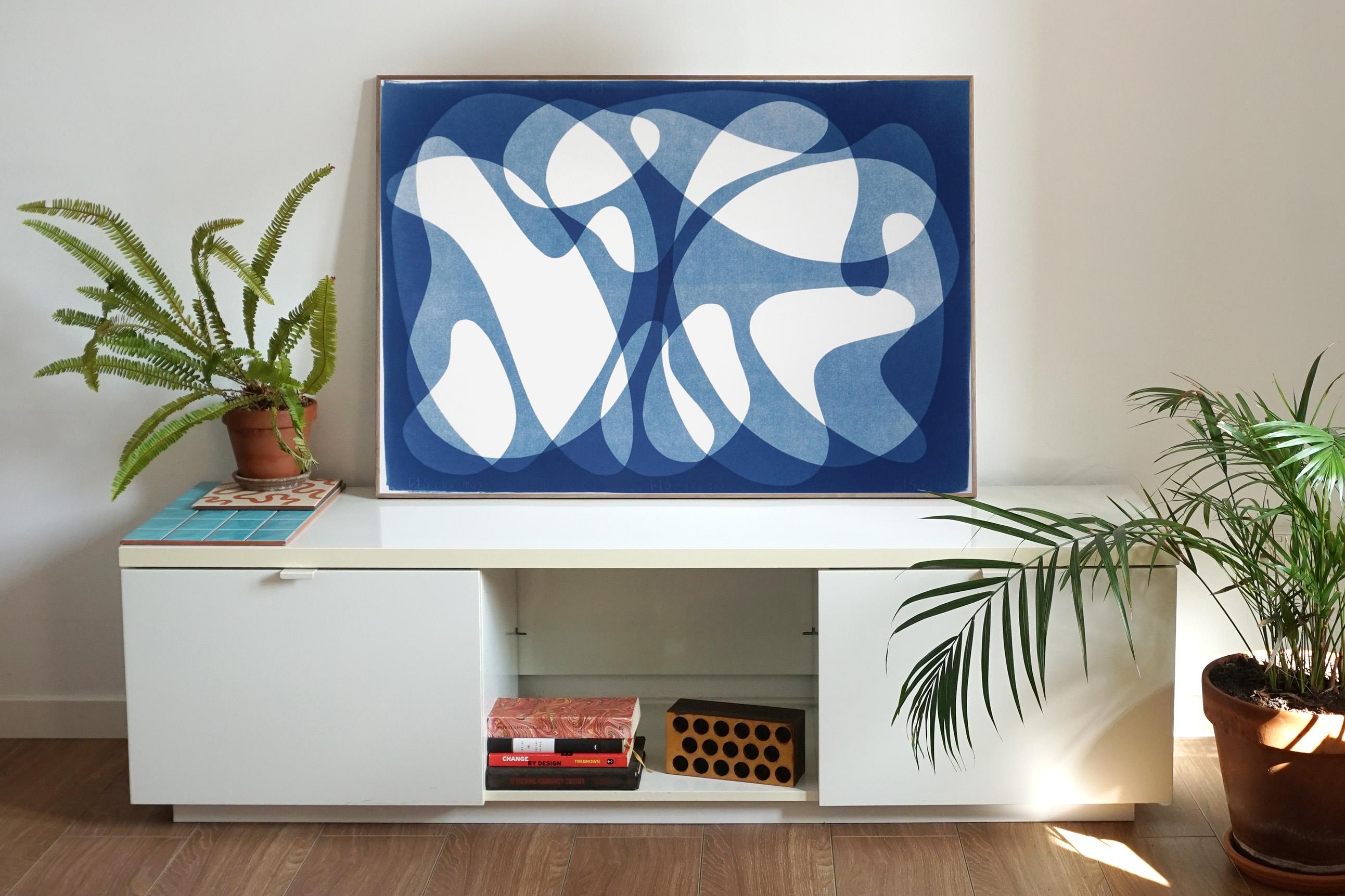 Two Bodies Back to Back, Blue Tones Mid-Century Shapes, Avantgarde Style Print 7