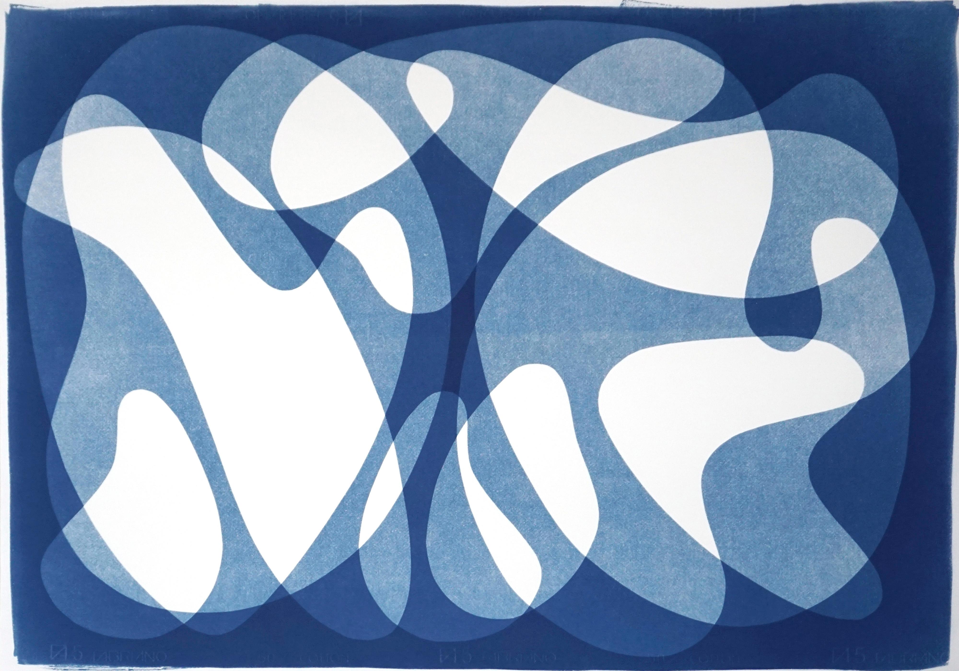 Kind of Cyan Abstract Print - Two Bodies Back to Back, Blue Tones Mid-Century Shapes, Avantgarde Style Print