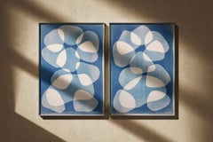 Two Towers, Blue Tones Abstract Geometric Diptych, Unique Cyanotype, Paper