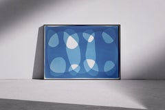 Under the Abyss, Horizontal Handmade Monotype Cyanotype, Organic Floating Forms