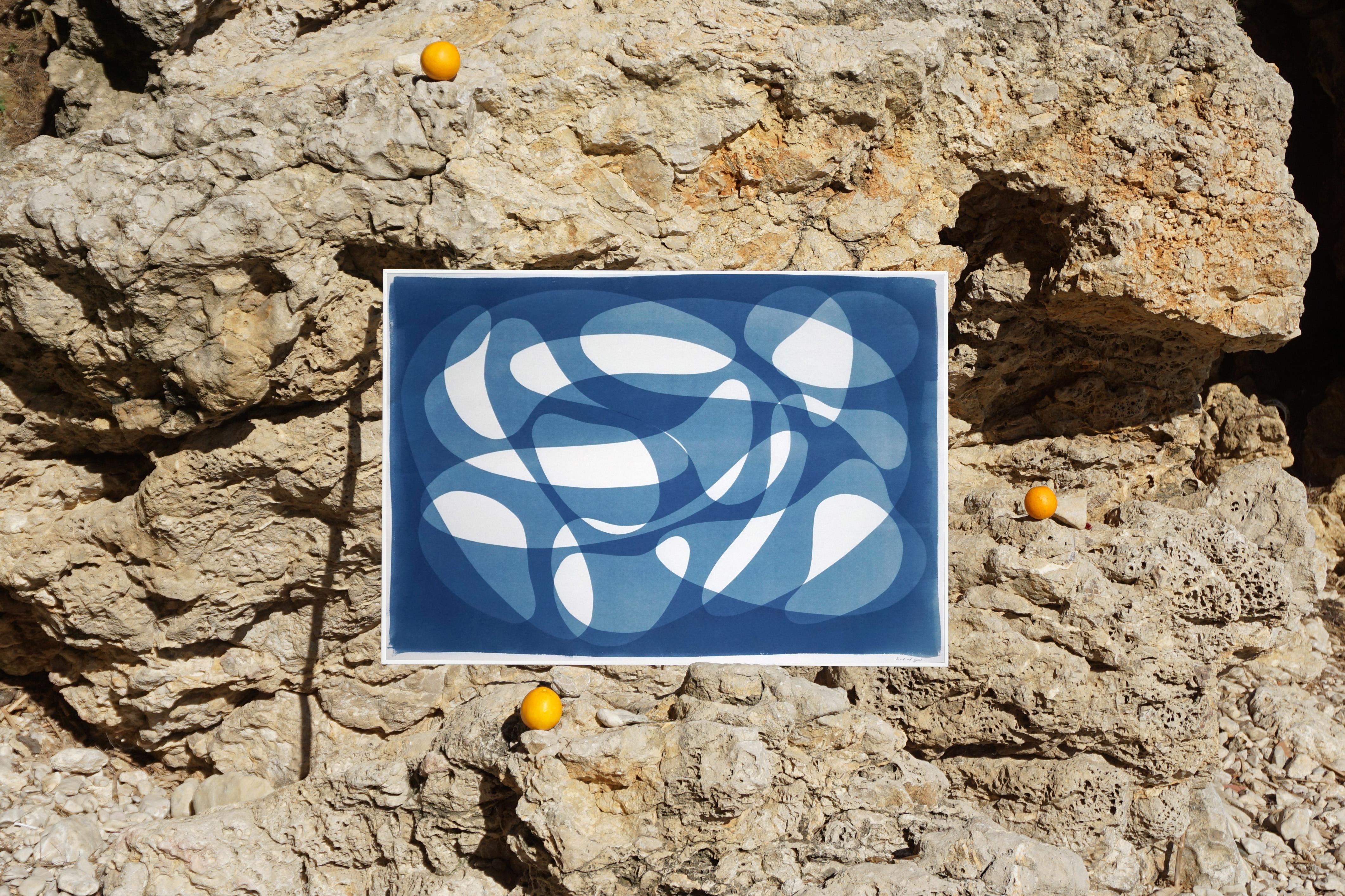 Underwater Whirlpool, Blue Tones Horizontal Abstract Monotype Paper, Cyanotype  1