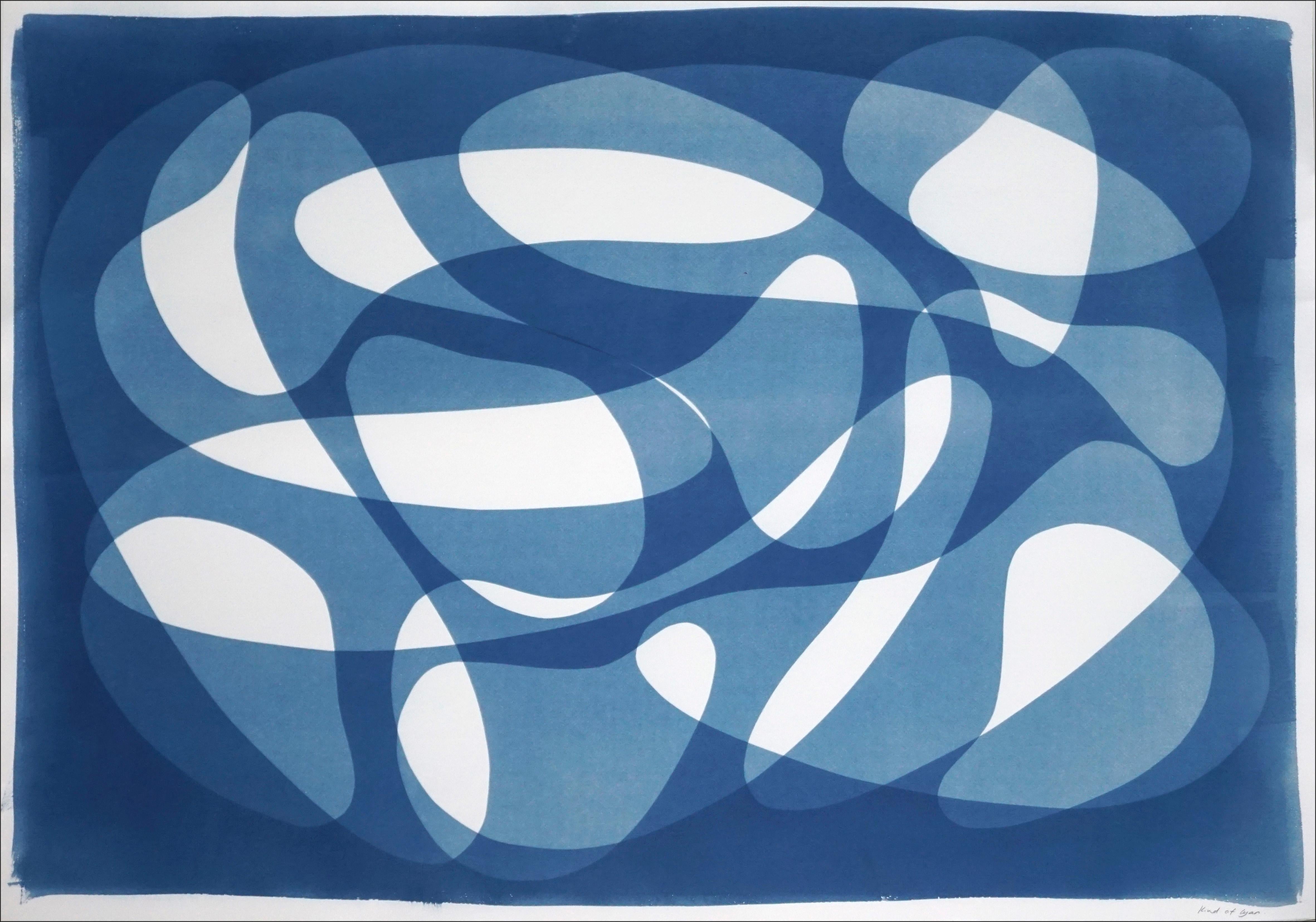 Underwater Whirlpool, Blue Tones Horizontal Abstract Monotype Paper, Cyanotype 