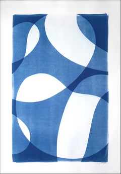 Unique Monotype, Blue Tones on Watercolor Paper, Ghostly Pool Shapes, Cyanotype