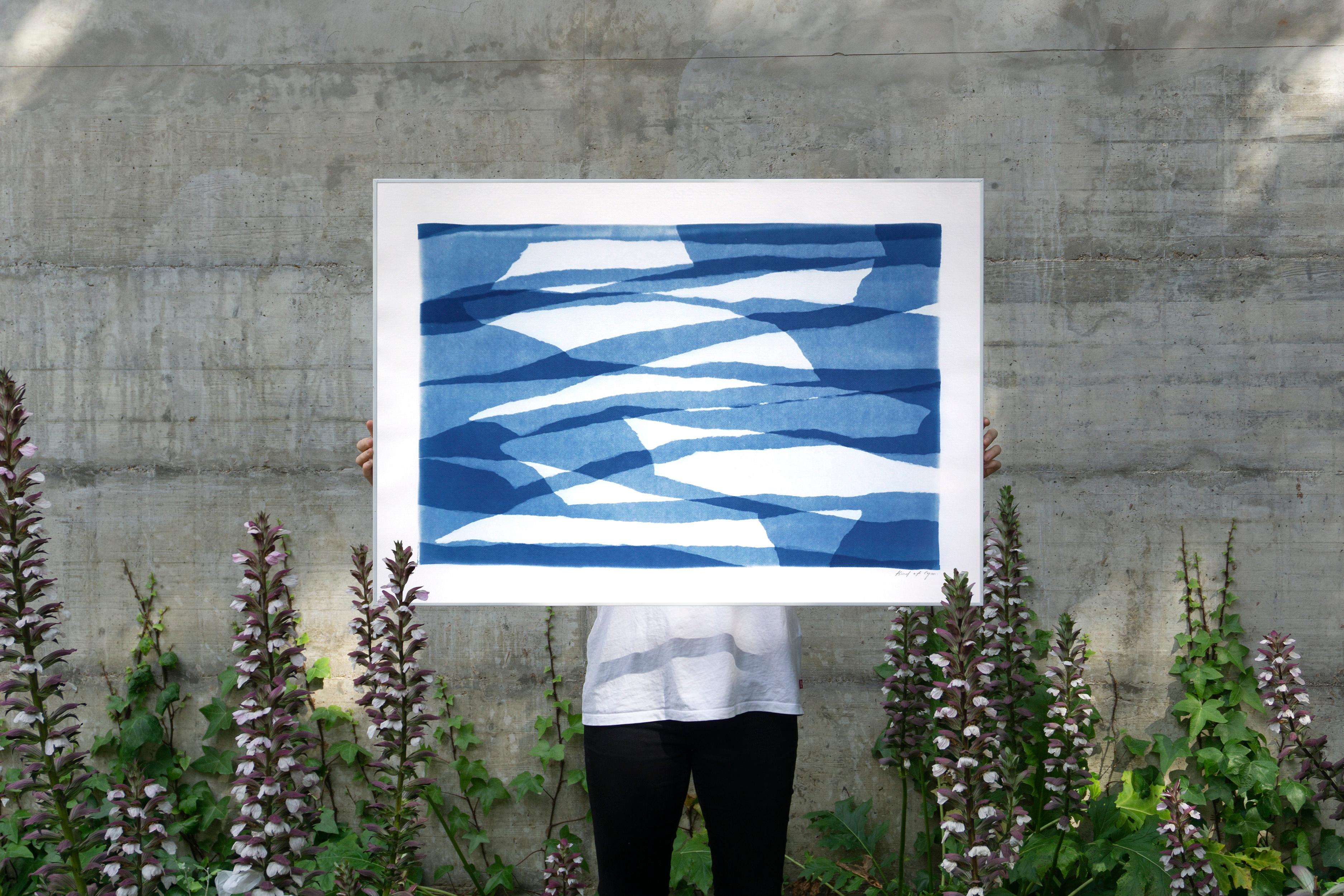 Unique Monotype in Blue Tones, Layers of Torn Paper, Horizontal Abstract Shapes - Print by Kind of Cyan