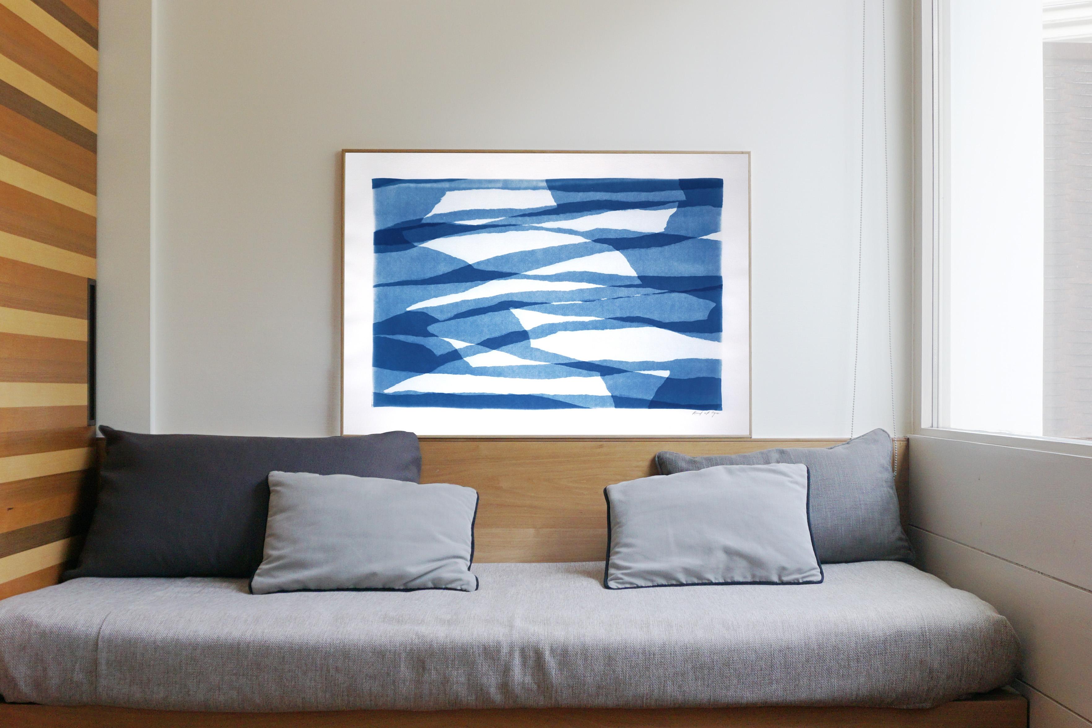 Einzigartige Monotypie in Blautönen, Schichten von gedrehtem Papier, horizontale abstrakte Formen im Angebot 4